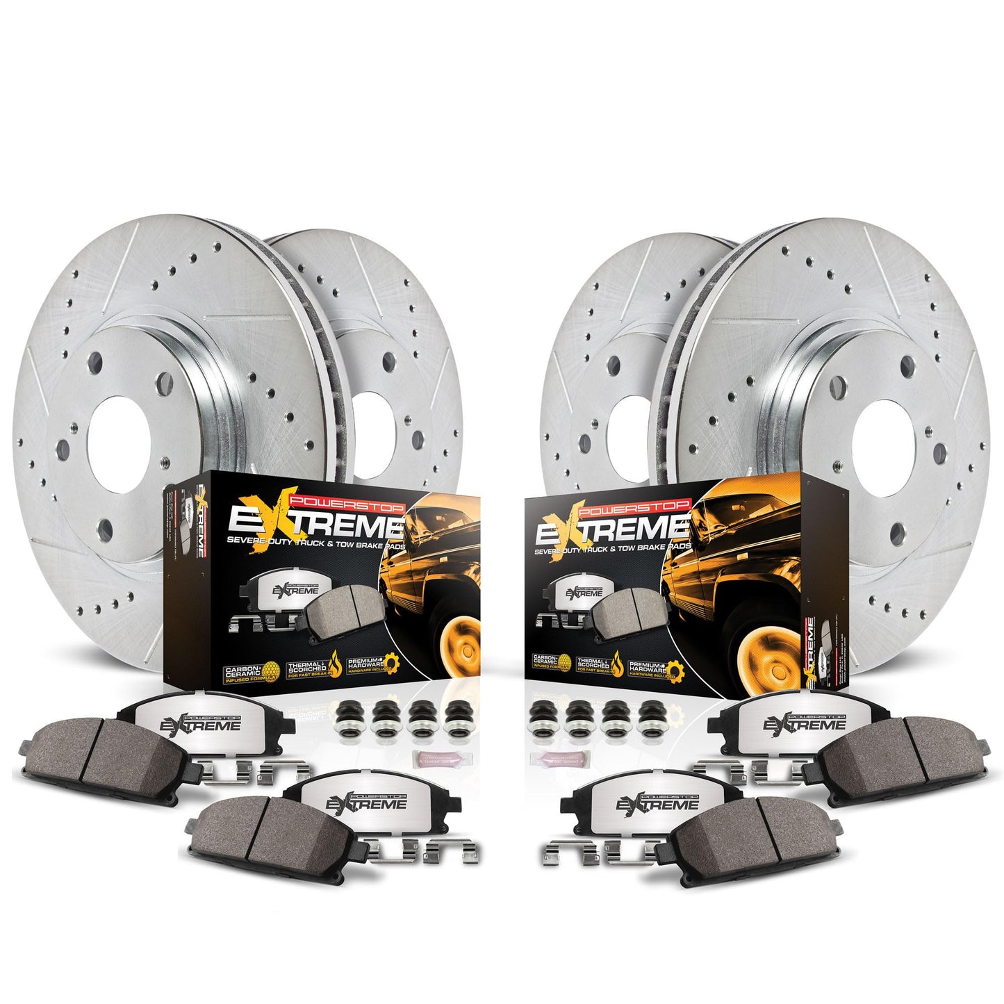 PowerStop Front & Rear Brake Kit For Ford Excursion 2000-05 |F-250 Super Duty 1999-04 - Truck & Tow Carbon Fiber Ceramic Brake Pads + Drilled & Slotted Rotors Upgrade, K1906-36