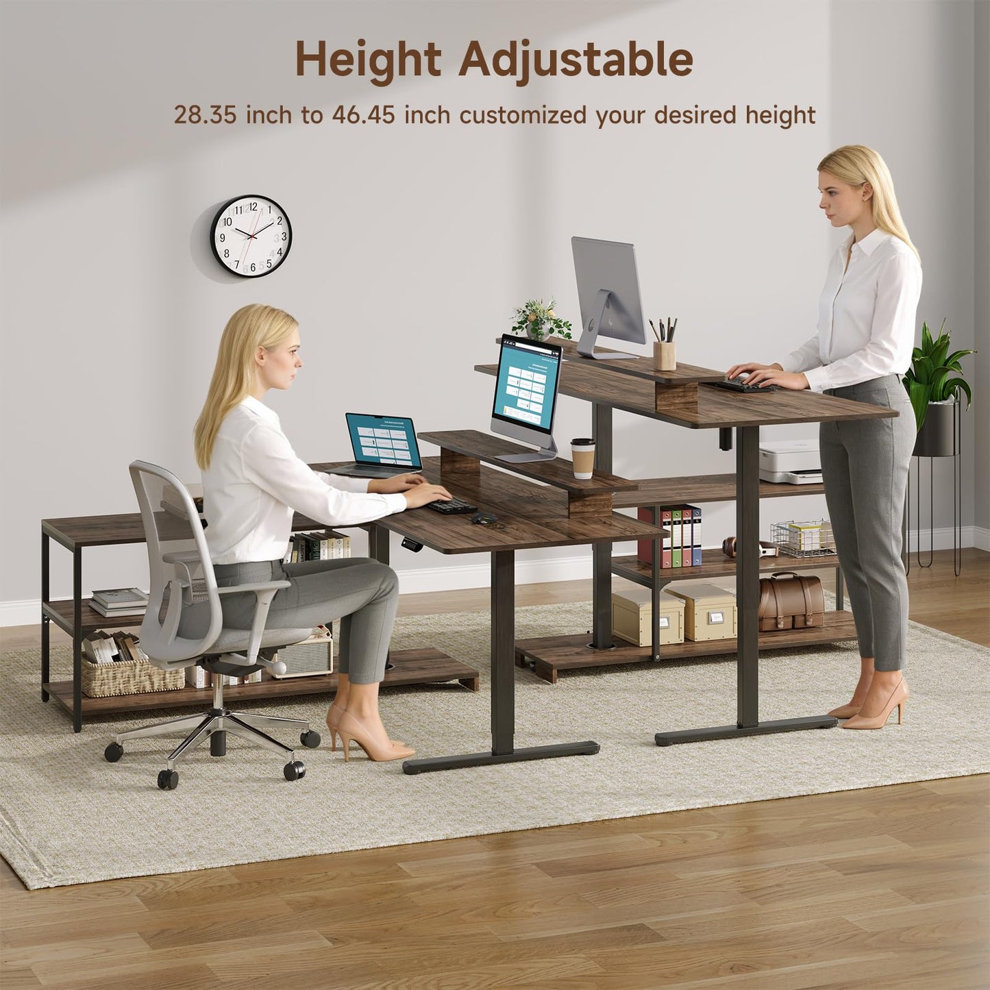 Lefurture Standing Desk with File Cabinet, 55x24'' L Shaped Electric Stand Up Desk with Adjustable Monitor Shelf, Adjustable Height 28-46'' for Home and Computer Workstation, Walnut