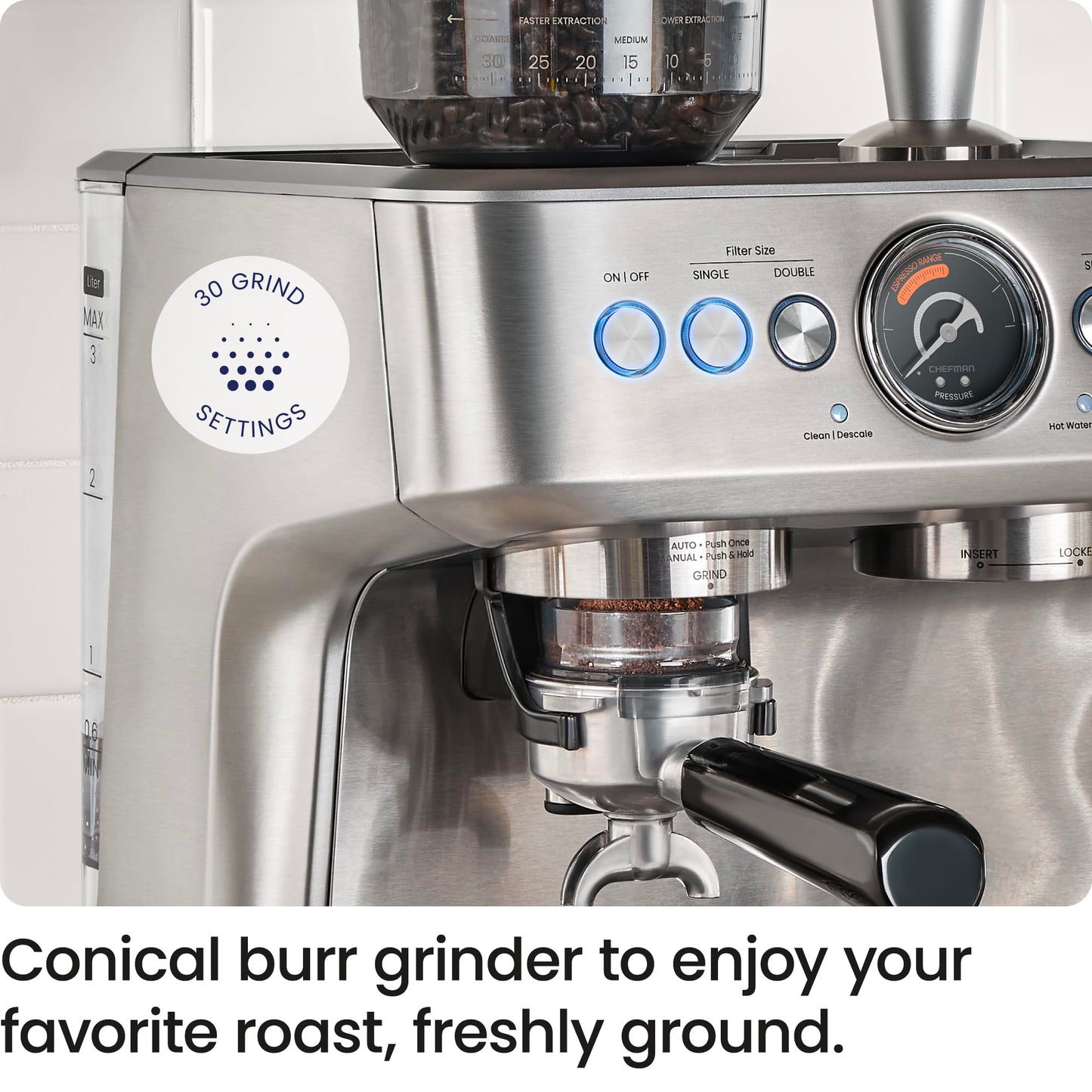 Chefman Crema Supreme 15 Bar Espresso Machine with Milk Frother, Barista Steam Wand, Professional Coffee Maker with Coffee Grinder, 30 Grind Settings, 3L Removable Water Tank - Stainless Steel