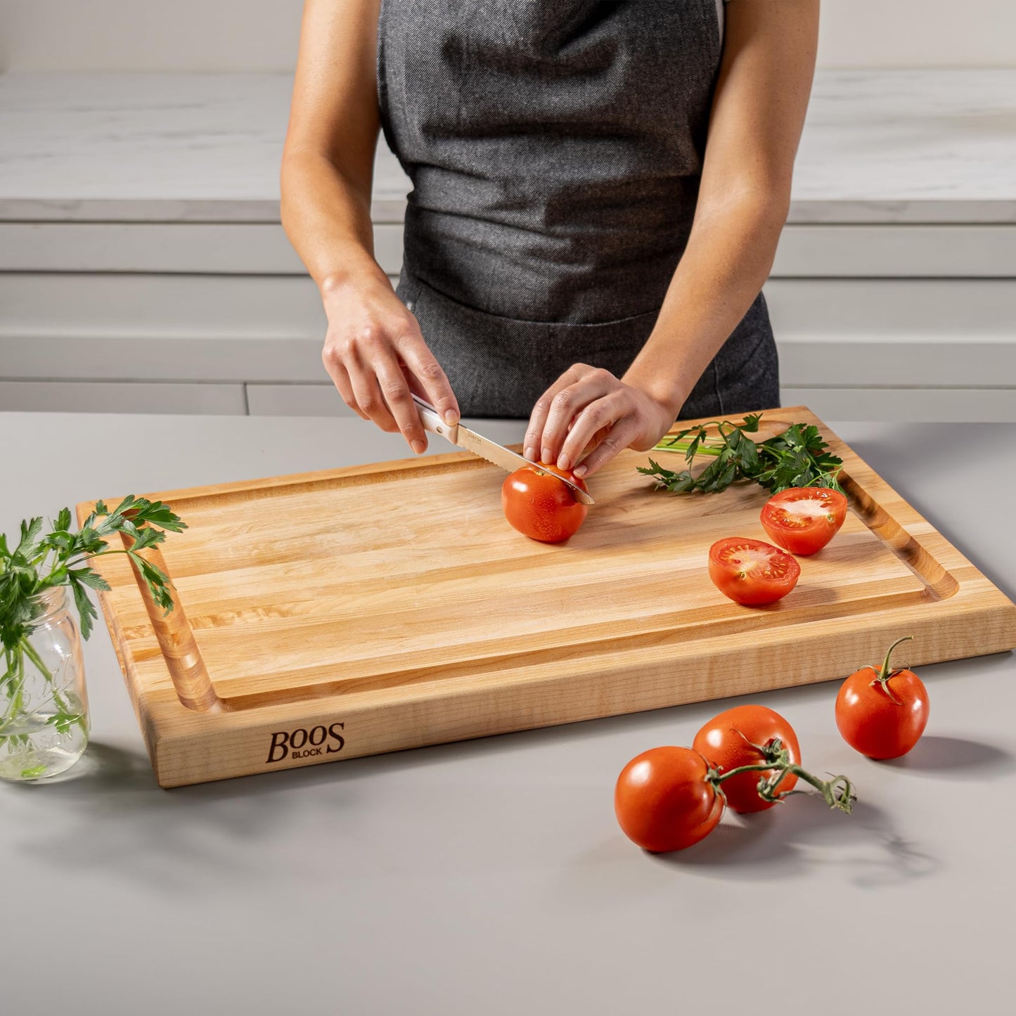 John Boos CB Series Rectangular Wooden Maple Cutting Board 24”x18” – 1.5” Thick, 18-lb Reversible Butcher Block with Juice Groove, Edge-Grain & Finger Grips – Made in the USA