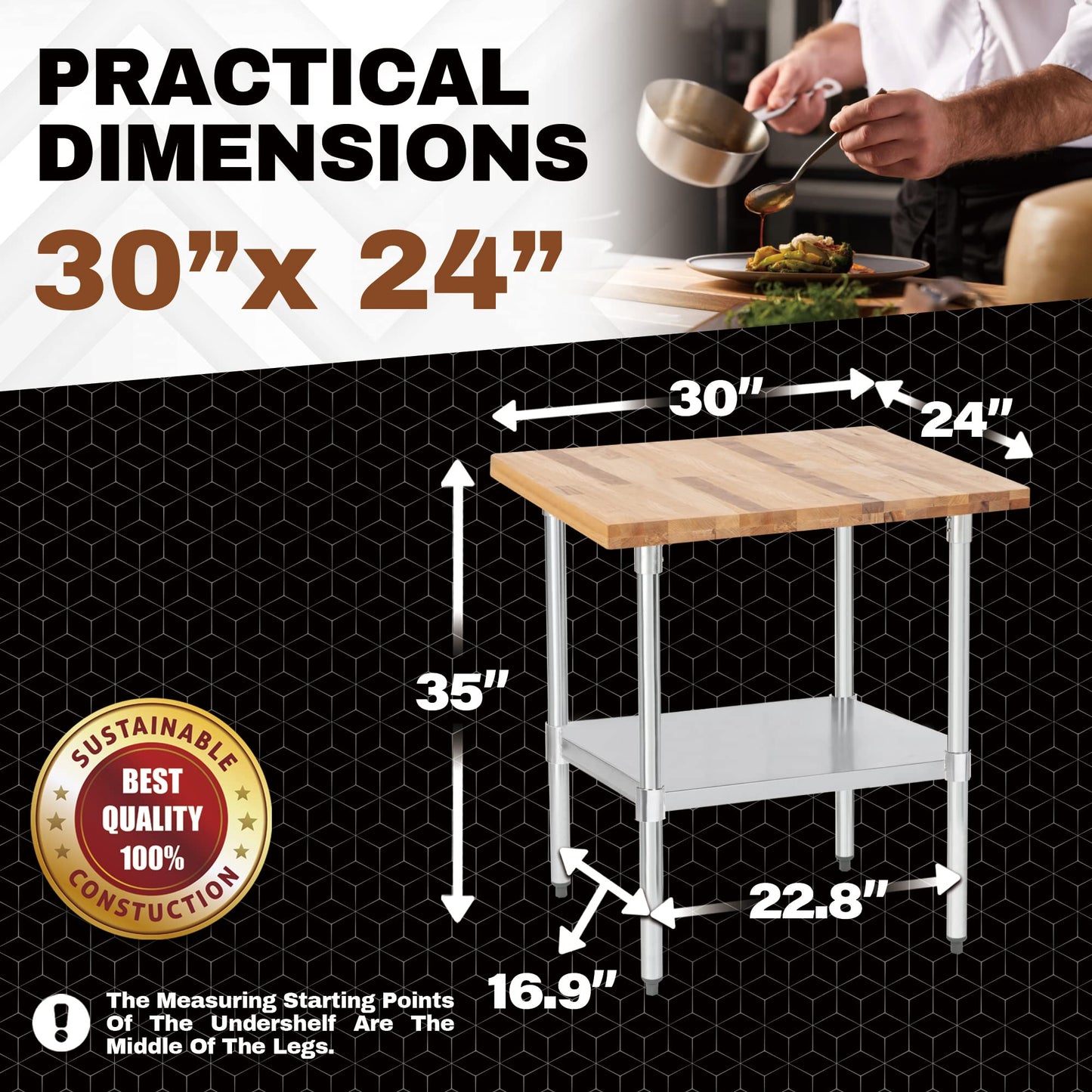 DuraSteel US Maple Top Work Table - 30 x 24 x 35 Inch Commercial Butcher Block Wooden Workbench with Adjustable Lower Shelf - Fits Restaurant, Warehouse, Home, Kitchen, Garage