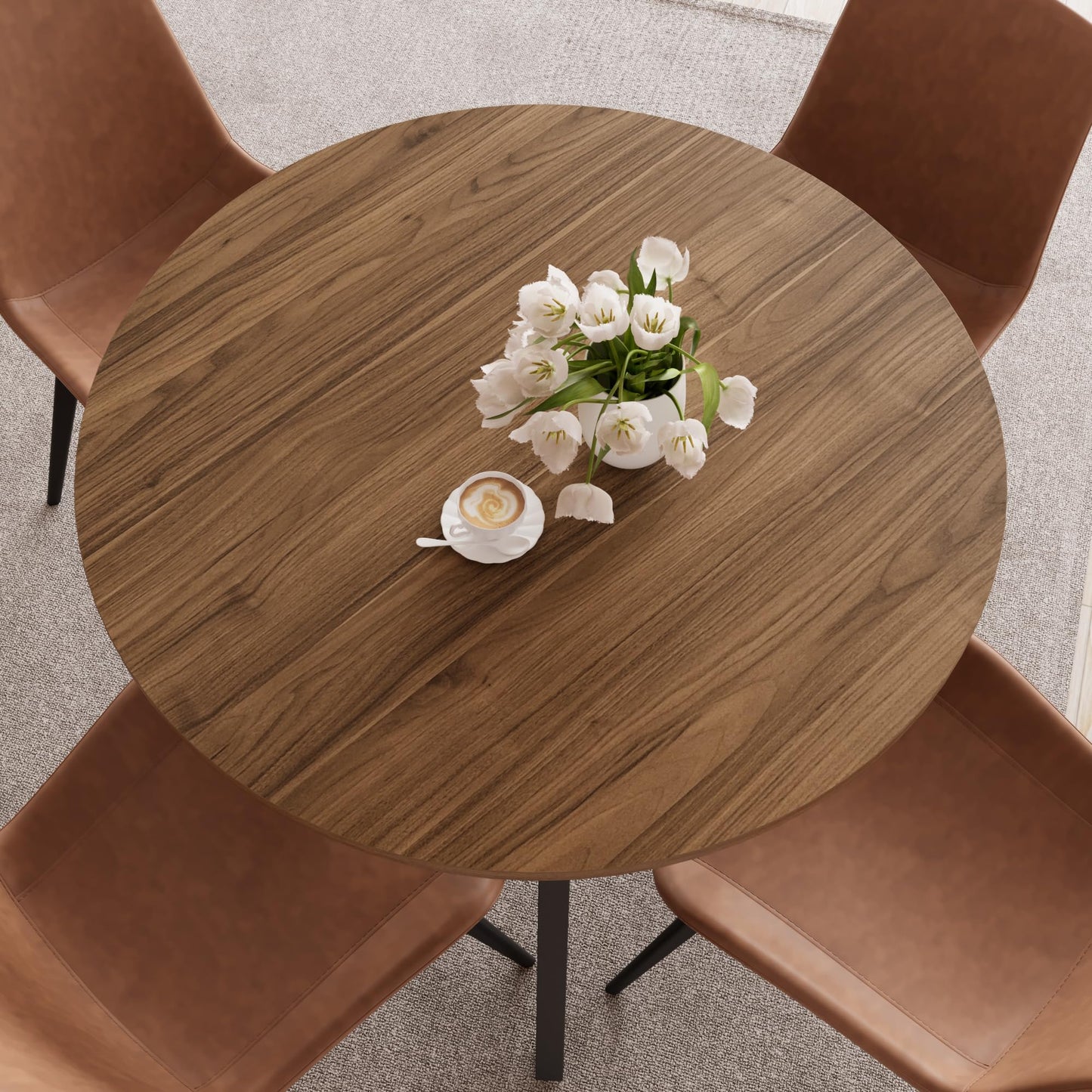 Zerifevni 34.6'' Round Dining Table and Chairs for 4 Space Saving for Apartment Kitchen Dining Room (Walnut Table+4 Brown Chairs)