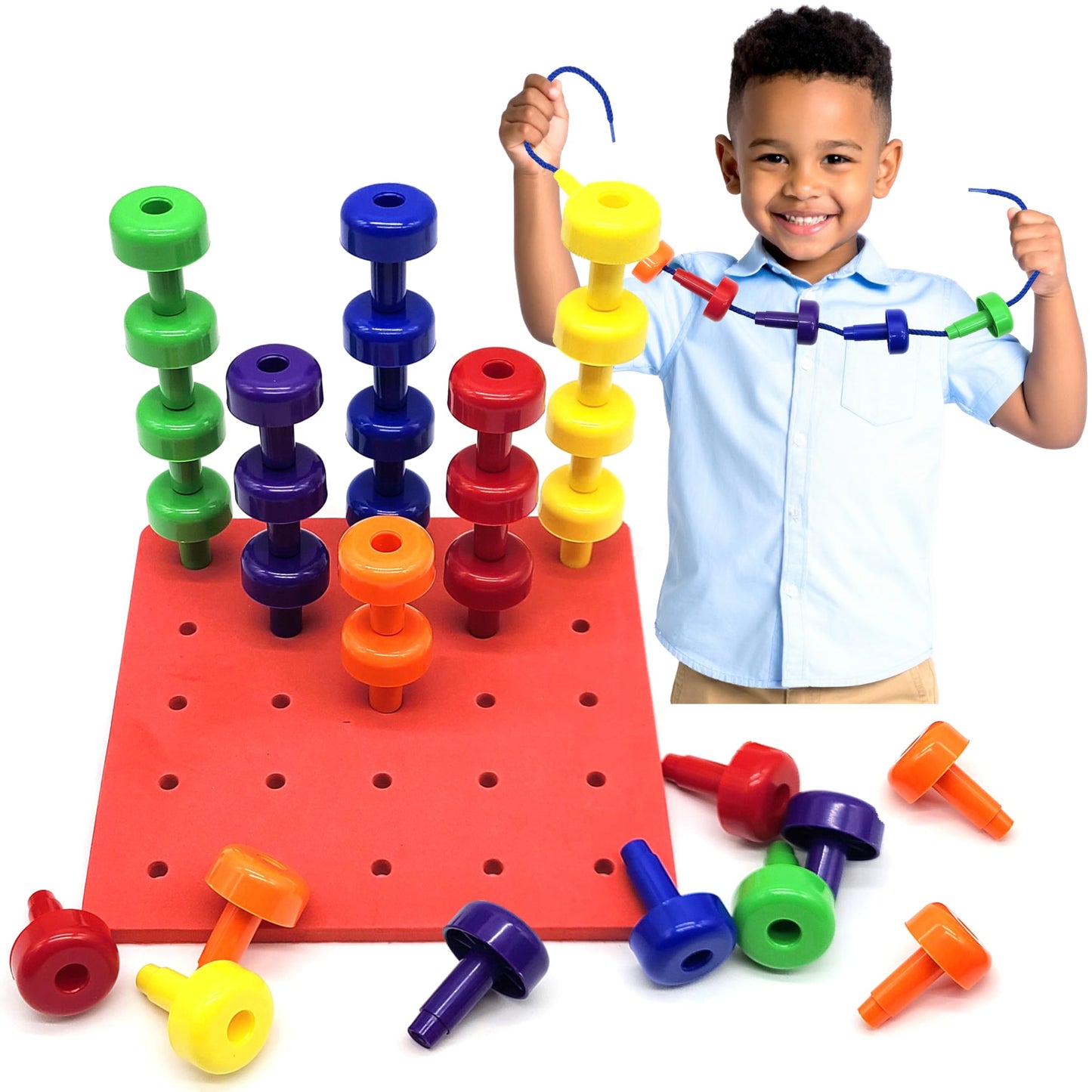 LMC Products Foam Peg Board Toy - 36 Pegs, Foam Board, Lacing String, Storage Bag - Occupational Therapy Toys - Fine Motor Skills Toys for Toddlers and Kids (Red)