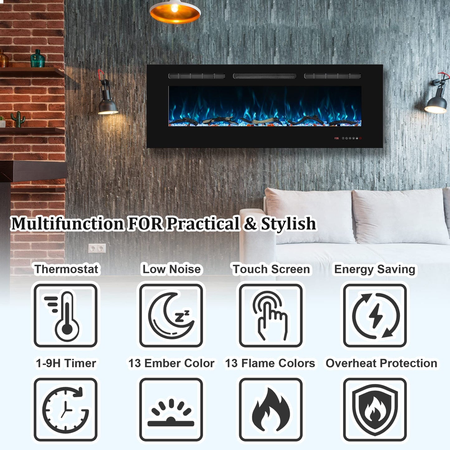 Oxhark Flame 72inch Electric Fireplace in Wall Recessed and Wall Mounted Fireplace Electric, 13 Flame Colors, Realistic Logs & Crystals Fuel Bed, Adjustable Temperature and Timer, 750W/1500W, Black