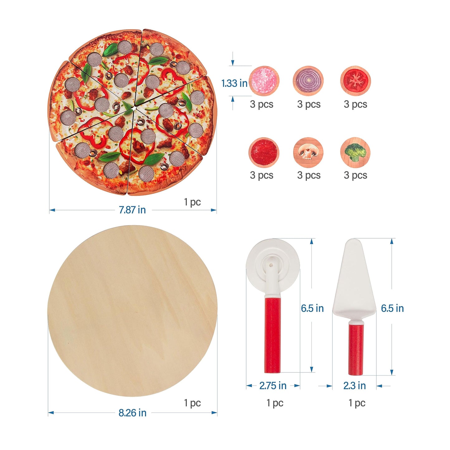 WoodenEdu Cutting Play Food Toy for Kids Kitchen,Wooden Pizza Set Pretend Play Kitchen Accessories,Learning Toy Birthday Gifts for Boys Girls Toddlers (6 pcs Set)