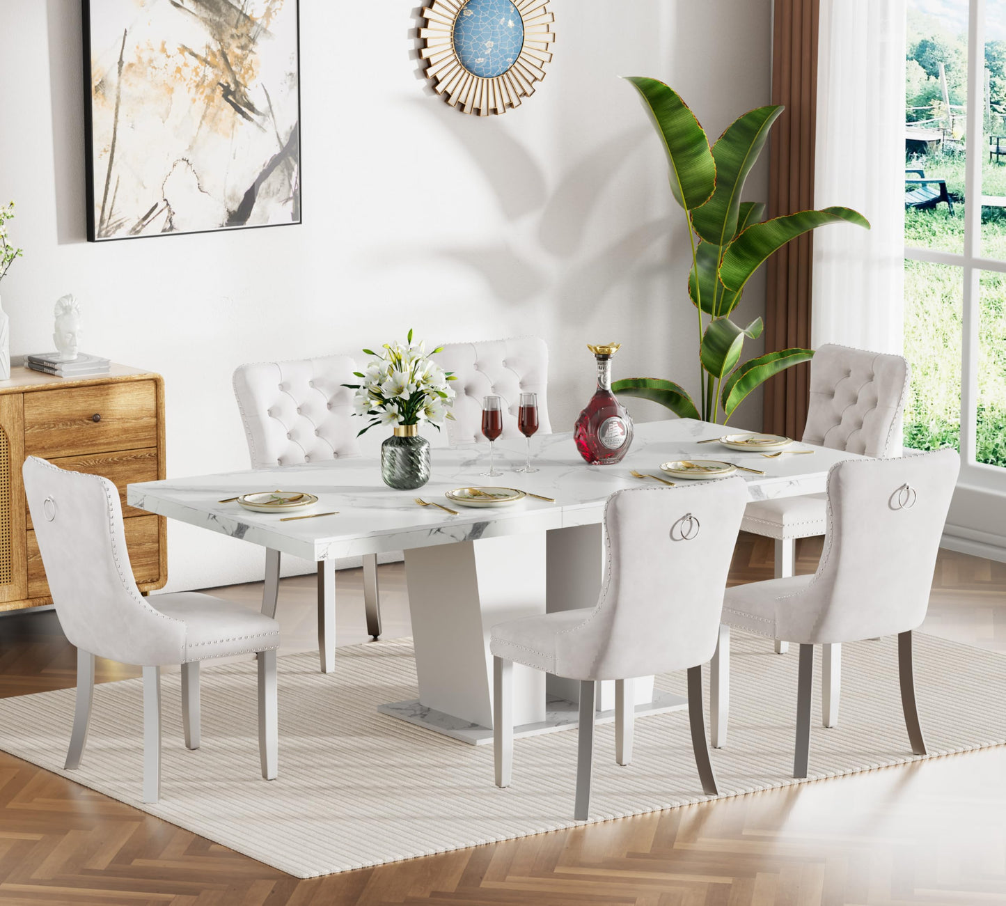HomVent White Faux Marble Expandable Dining Table Set for 6, 63"-79" Extendable Dining Room Table Set with Velvet Nailhead Trim Chairs, Kitchen Table Chairs Set for Living Room