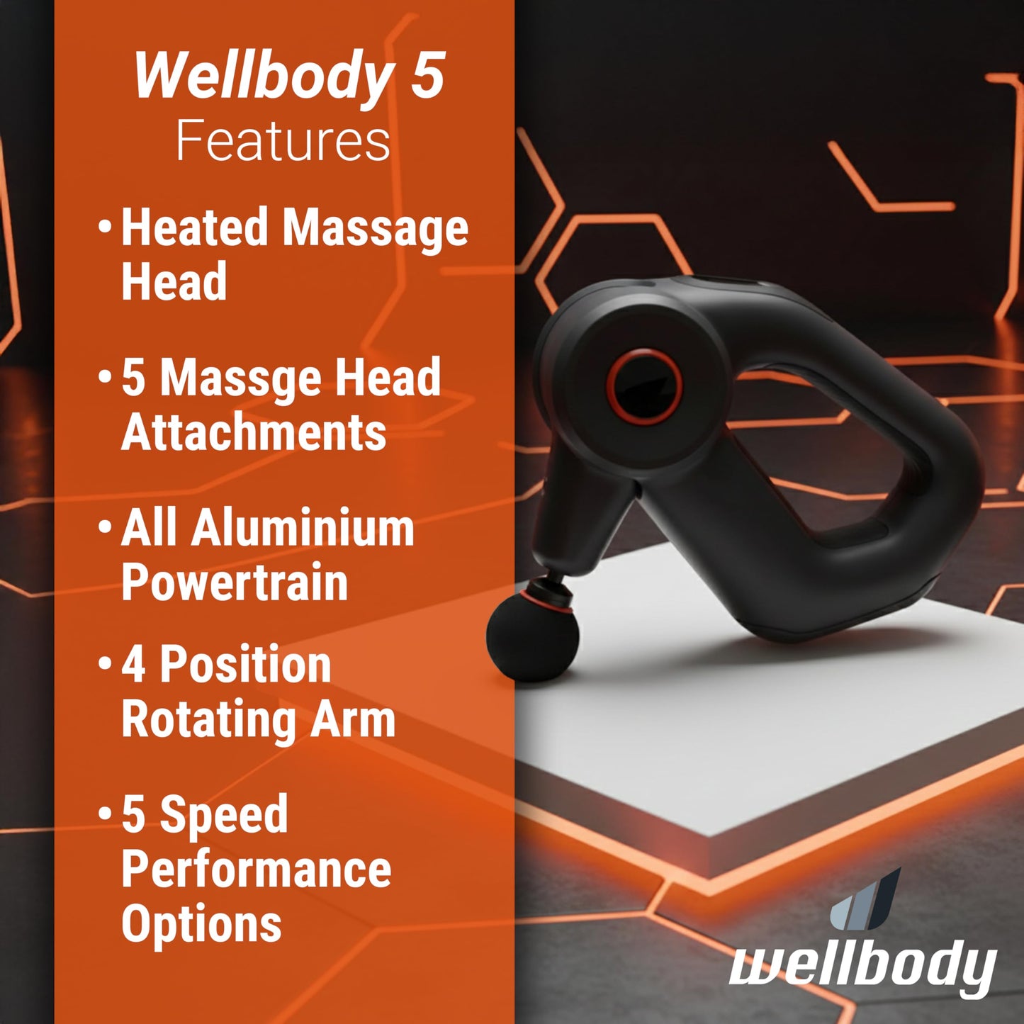 Wellbody 5 Deep Tissue Massage Gun with Heat Ball Technology | Vibrating Handheld Massager for Trigger Point Therapy | 5 Speed Rechargeable Portable Device for Muscle Pain Relief & Recovery