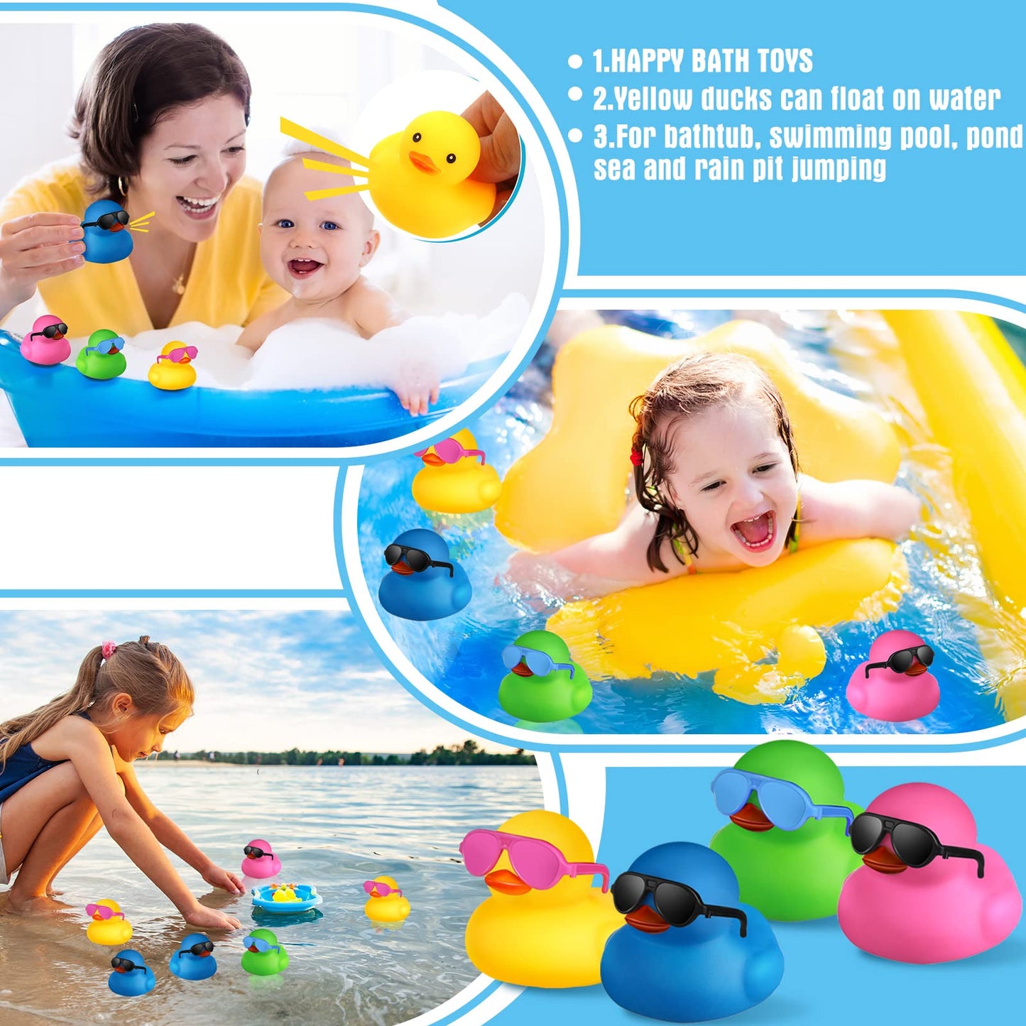 Chivao 48 Pcs Mini Rubber Ducks with Sunglasses in Bulk Small Duck Gift Bathtub Toys for Holiday Cruise Birthday Party Favor(Multicolor)