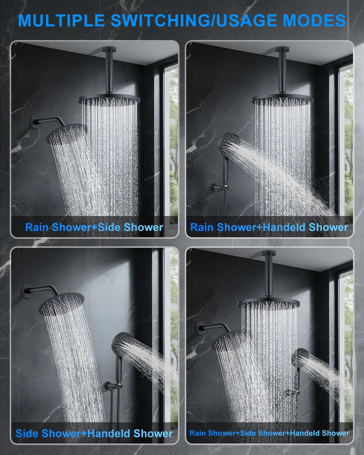 Shower System with Pressure Balance Valve, 10" Ceiling Mount Shower Faucet Set with 2 Rain Shower Head And Multi-function Handheld Head Push Button Diverter Pressure Balancing Valve Kit, Matte Black