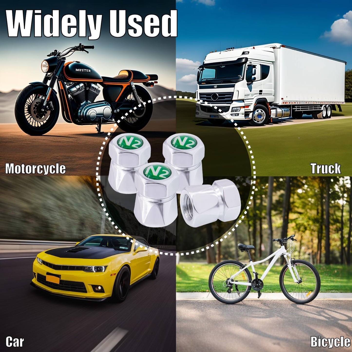 MEAJOO 4PCS N2 Car Tire Valve Caps, Dustproof Leak-Proof Tire Valve Stem Cap, Universal Aluminum Alloy Stem Covers for Cars, Trucks, Bikes, Motorcycles, Bicycles Tire Caps(Silver)