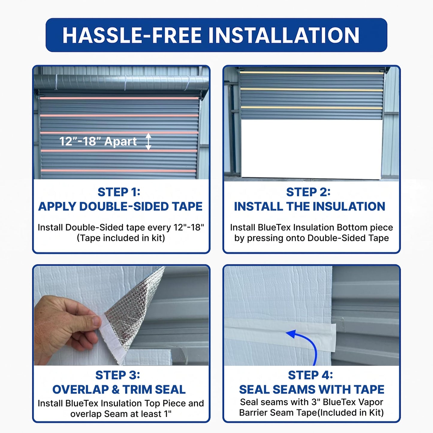 BlueTex Roll Up Garage Door Insulation Kit for Cooling Down Metal Buildings – Easy to Install Complete Insulation for Garage Doors Up to 12'x12' - Covers 150 Sq Ft of Large Single Door