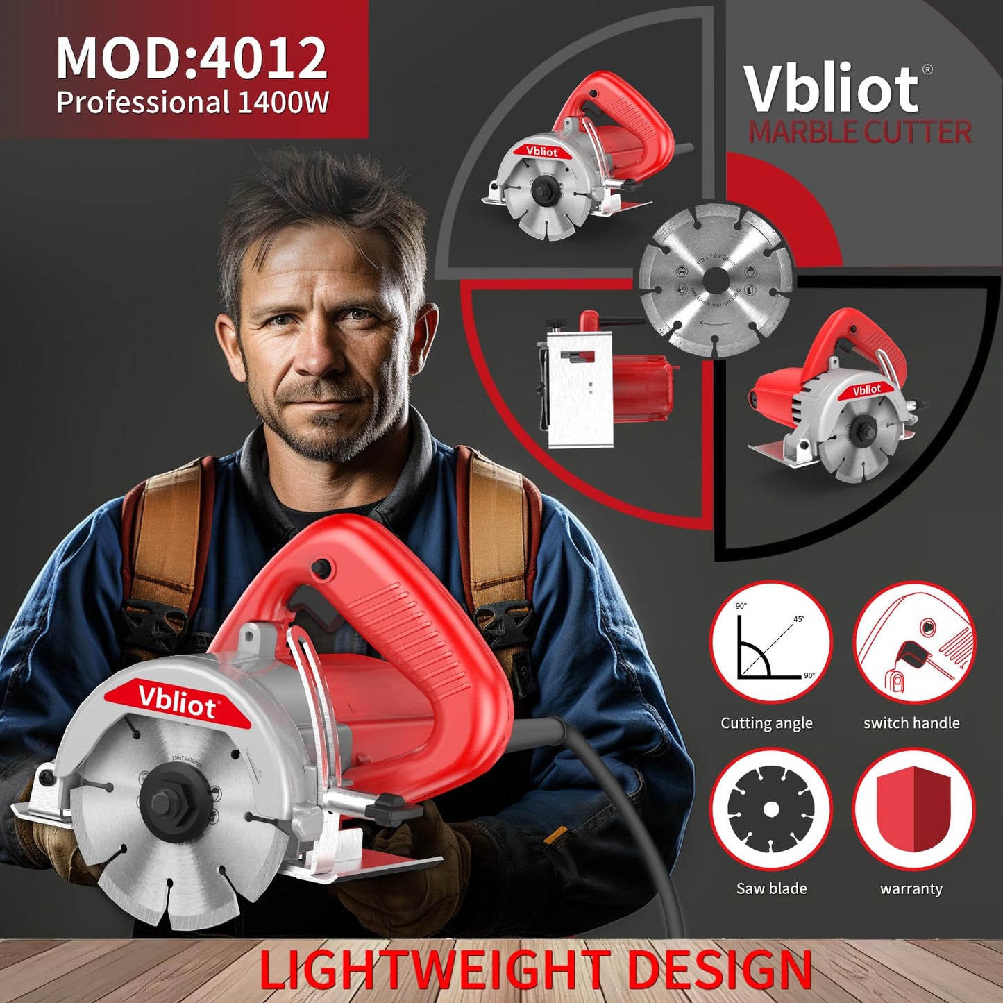 VBLIOT 4-3/8-Inch Tile Saw, 1400W 12A Concrete Wet Saw Handheld Cutting Carving Machine, Includes Carbon Brush Wrench Diamond Cutting Disc