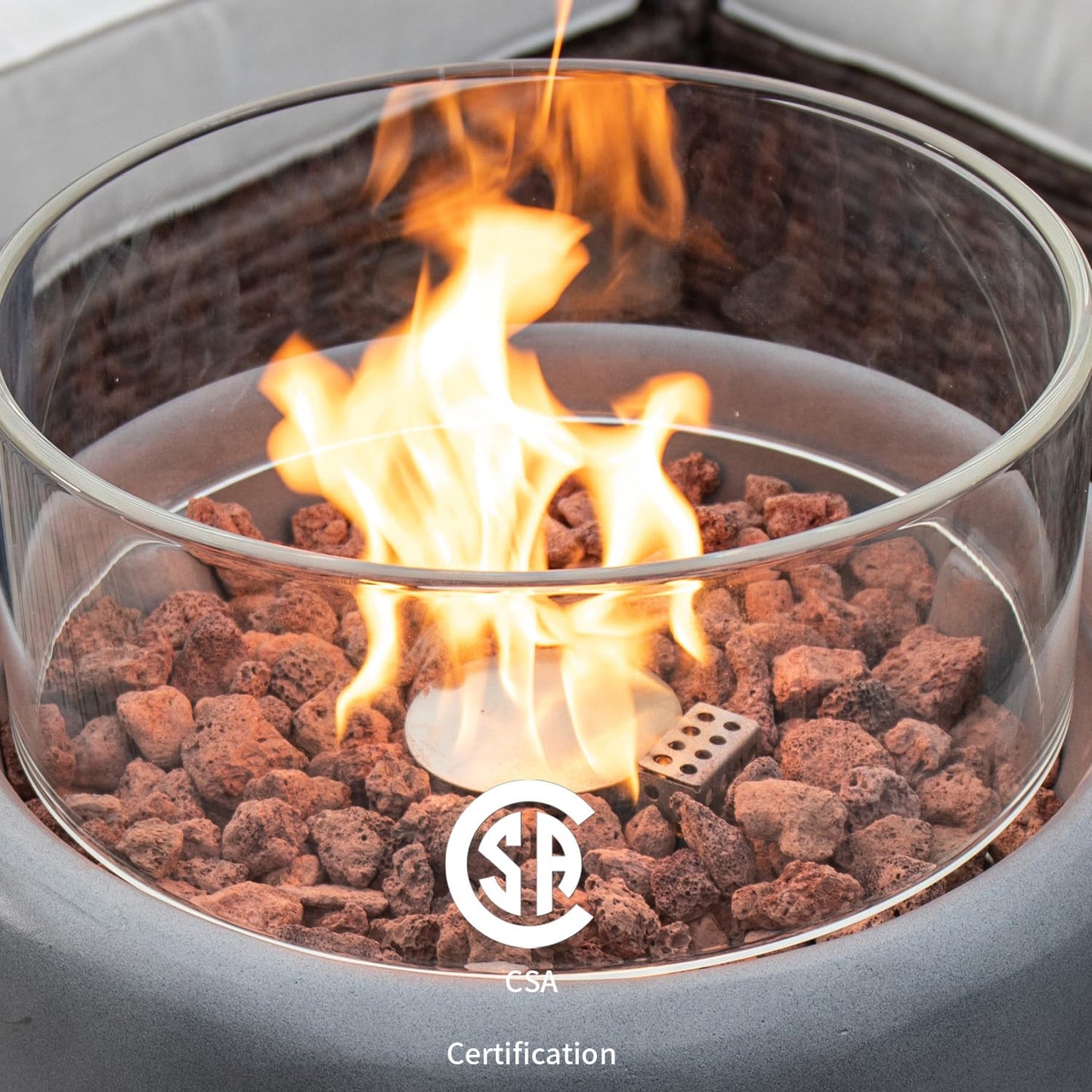 COSIEST Outdoor Propane Fire Pit Table w Compact Ledgestone 16-inch Round Graphite Base and Glass Wind Guard, Certified, 40,000 BTU, Free Lava Rocks, Touch-up Pen, Fits 20lb (Grey)