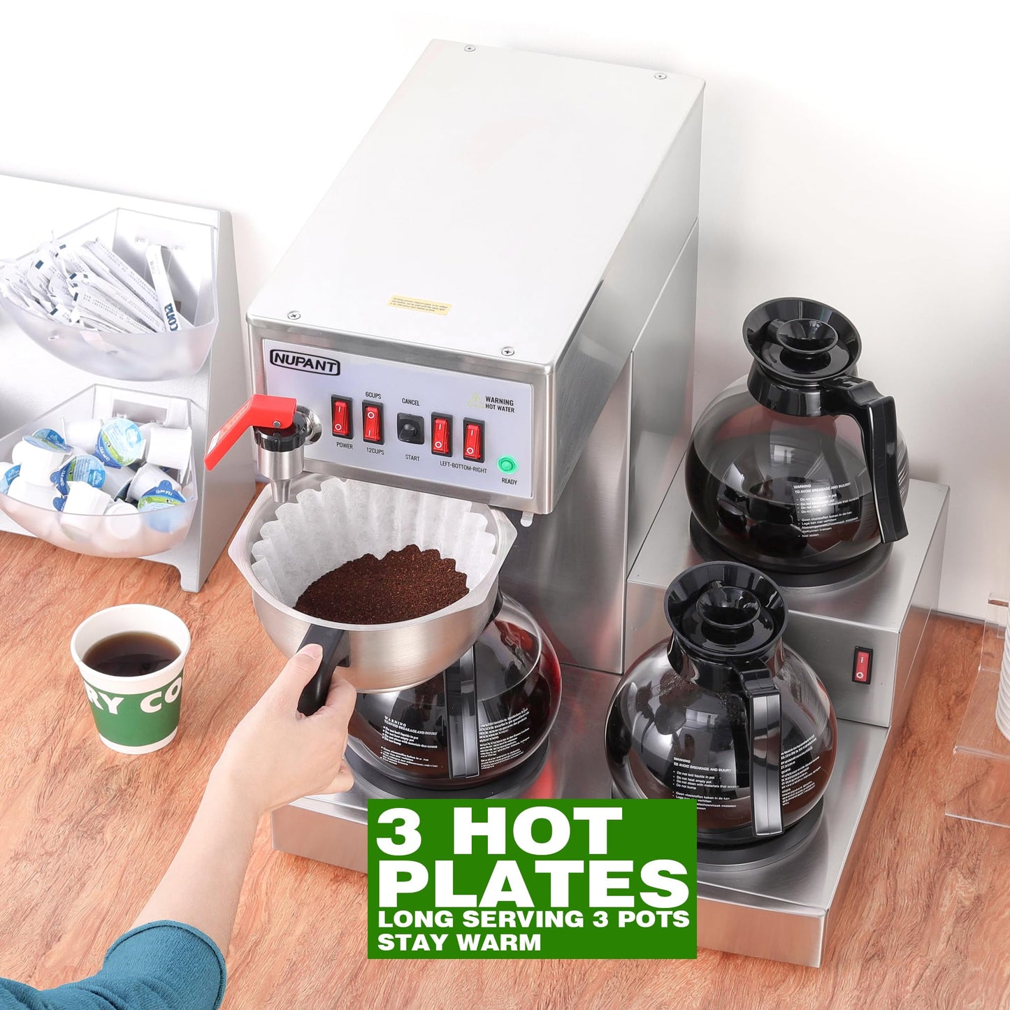 NUPANT 12 Cup Commercial Coffee Maker, Auto Filling Drip Coffee Maker Machine with 3 Glass Carafes 3 Warmers, Stainless Steel Pour Over Coffee Brewer with Hot Water Supply for Restaurant Office Cafe