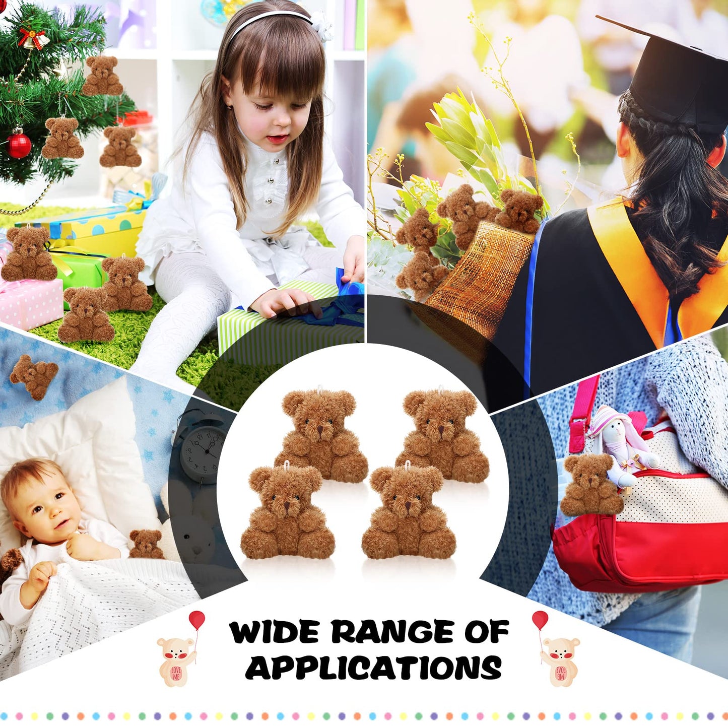 Sotiff 12 Pcs Mini Plush Bear Bulk 4 Inch Stuffed Bears Soft Tiny Animal Doll DIY Keychains Gifts for Volunteer Graduation Baby Shower Party Favors(Brown)