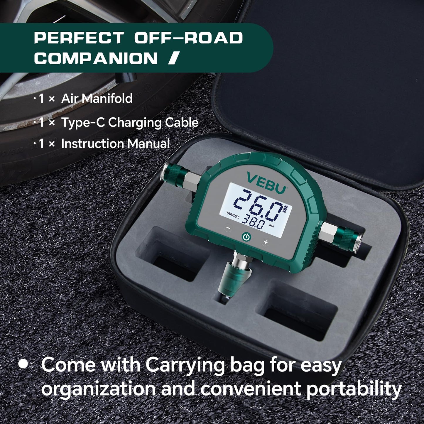 VEBU Auto Shut Off Tire Deflation Inflation Controller, 5-150PSI Air Pressure Manifold with Preset, Memory & Digital Display (Air Hose not Included)