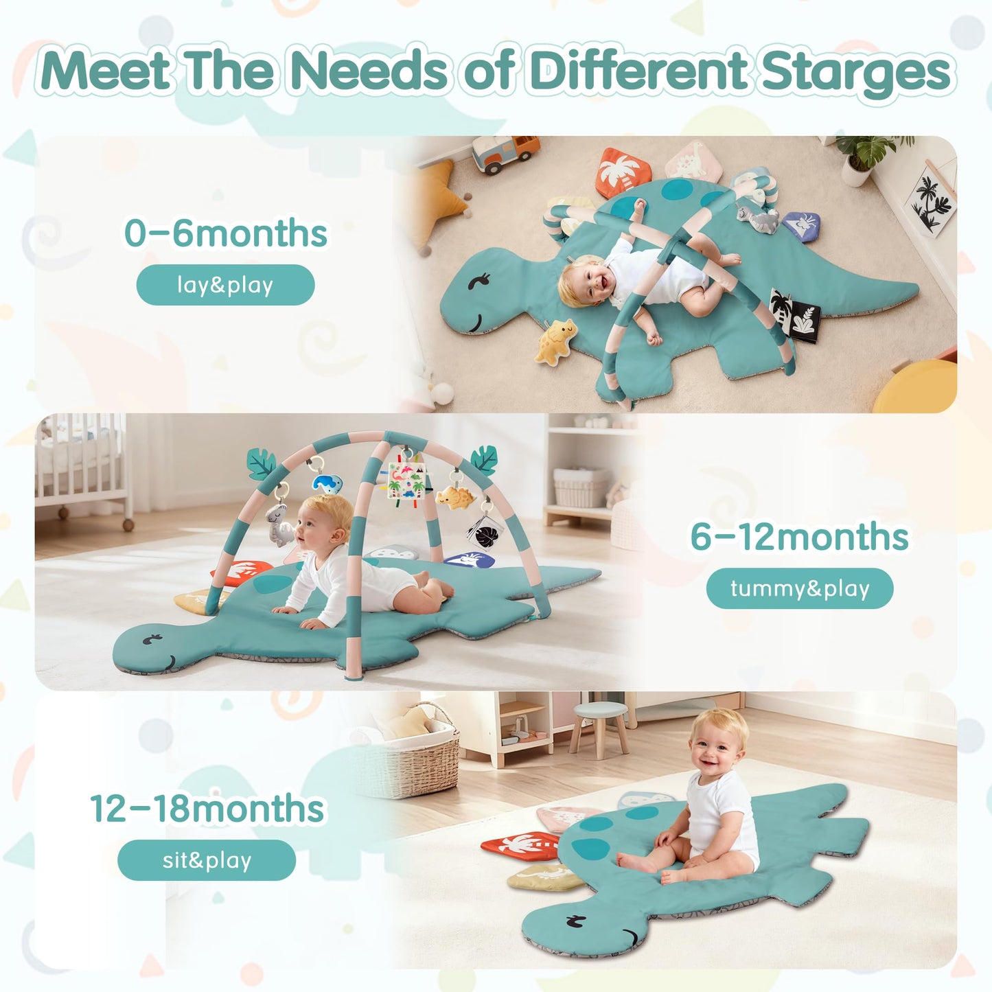 Baby Tummy Time Mat, Oversize Dinosaur Shaped Baby Play Gym Mat with 6 Toys, Play Mat for Babies 0-6-12 Months Promotes Motor Skills & Sensory Development, Newborn Essentials Infant Shower Gift