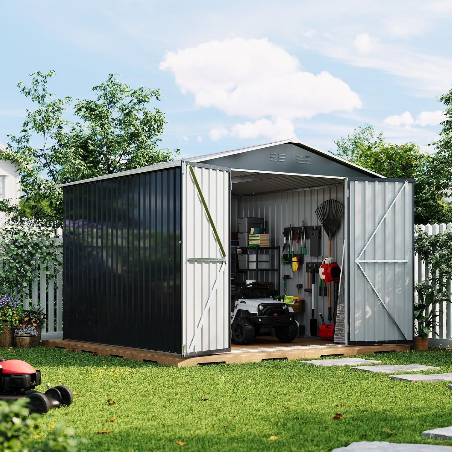 8x8 FT Metal Storage Shed, Outdoor Garden Tool Shed with Lockable Door and Air Vents, Steel Utility Storage for Backyard, Yard, Patio, Bike, Lawn Mower, Equipment