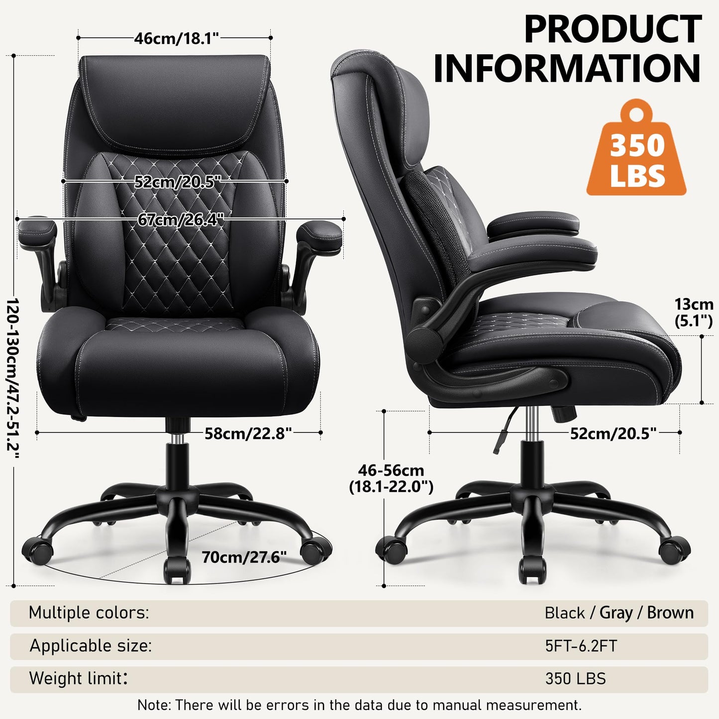 BESTFAIR Office Chair,Ergonomic Office Chair with Lumbar Support for Lower Back Pain Relief, Executive Leather Chair with Padded Flip-up Arms, Wheels and Adjustable Armrests, Black