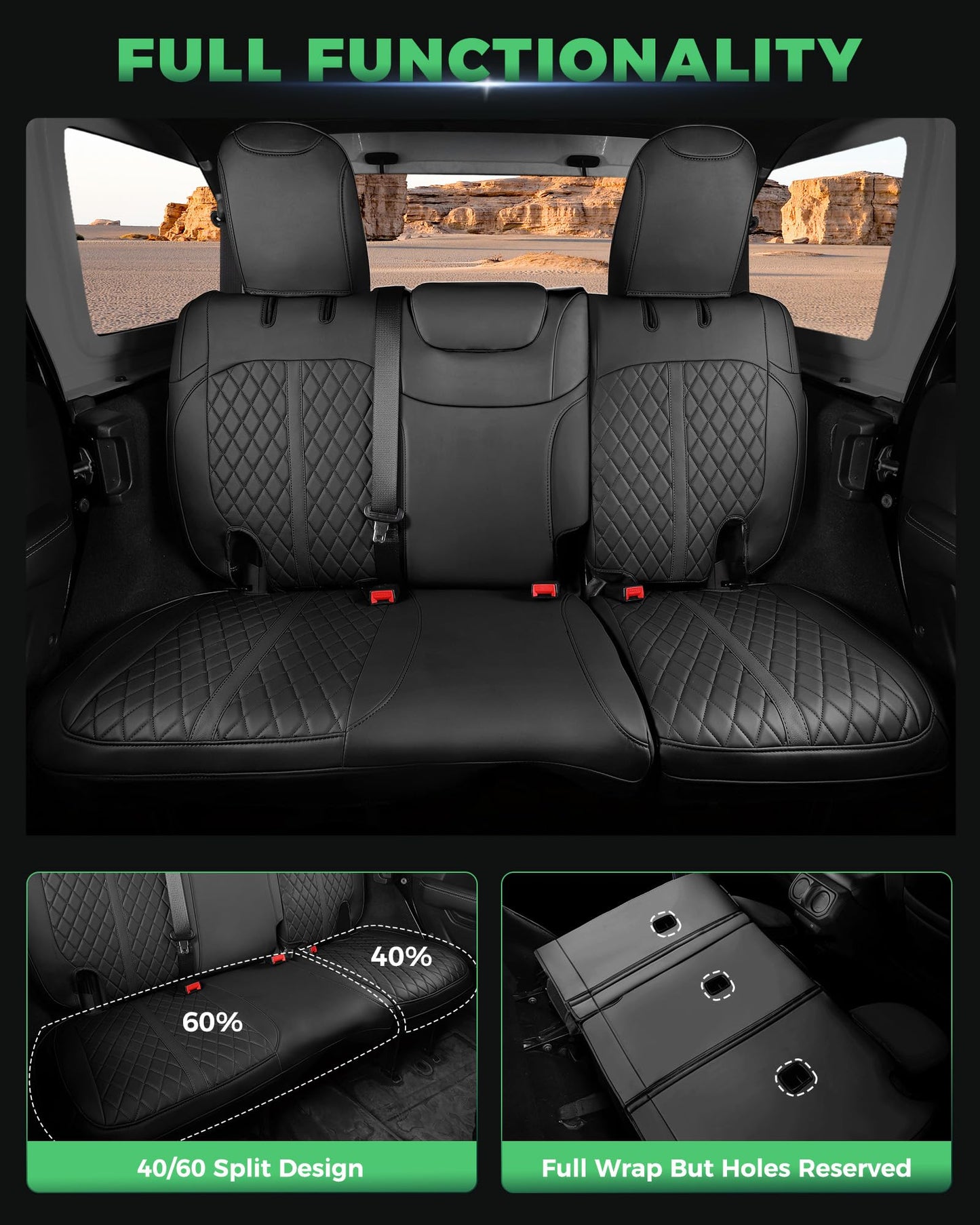 RIDEPOSH for Jeep Wrangler Seat Covers 4Door JL 2018 2019 2020 2021 2022 2023 2024 2025 2026, Custom Fit Car Seat Cover Full Set, Luxury Waterproof Leather Seat Protectors, Black, W/O Rear Cup Holder