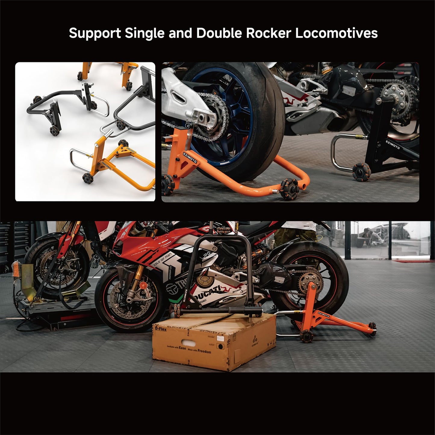 EZIMOTO Sport Motorcycle Rear Stand, 360° Movable Lift Stand, Heavy Duty with Wheels, 880 lb Capacity (Orange, Single arm)
