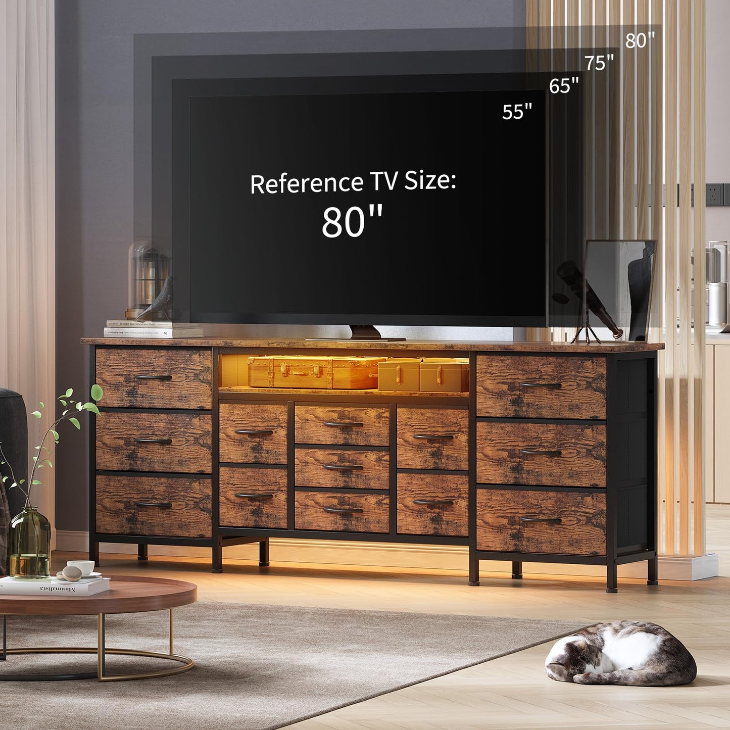 LED TV Stands for Living Room, 70 Inch Dresser TV Stand for 65, 75, 80 Inch TV,TV Stand with Storage, Entertainment Center with Power Outlets, 13 Drawer Fabric Dresser for Living Room, Bedroom