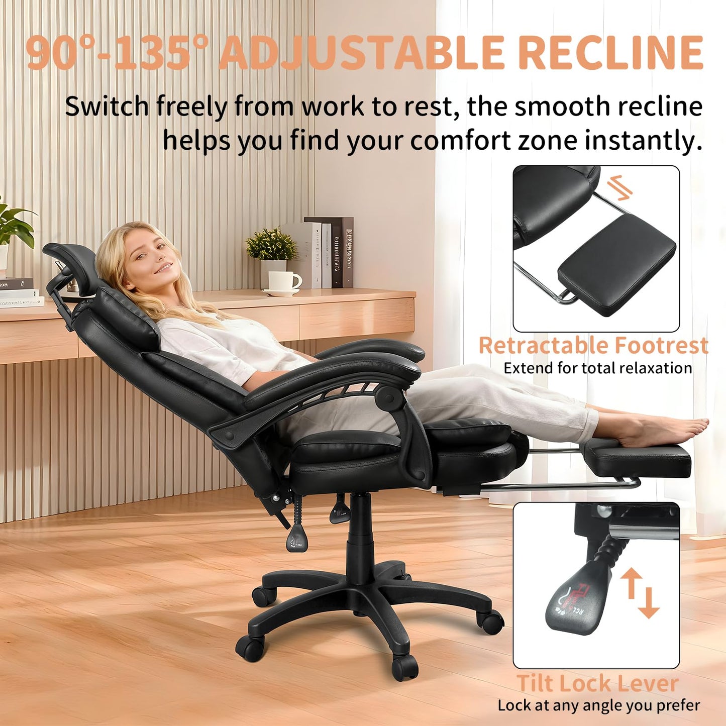 Big and Tall Office Chair Comfy Ergonomic Leather Computer Desk Chair with Headrest High Back Reclining Executive Chair with Footrest, Black