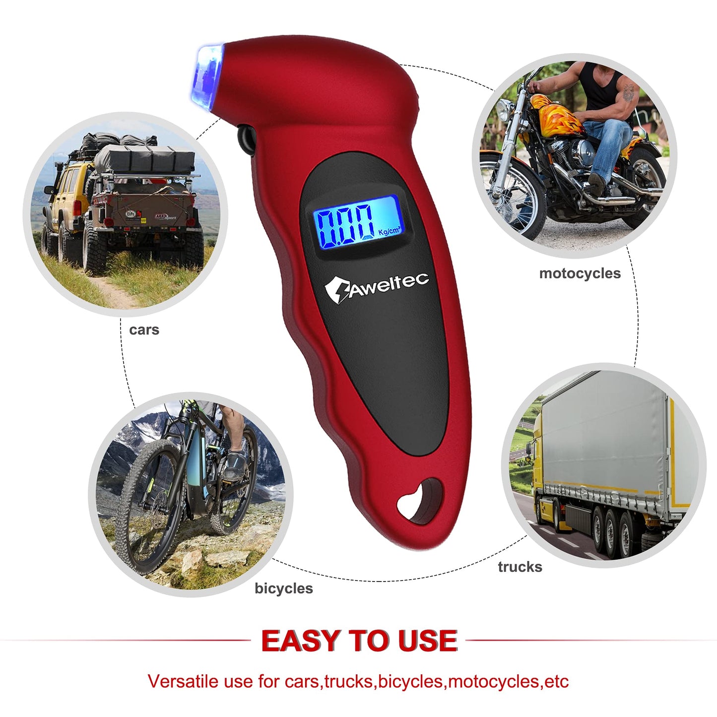 AWELTEC Digital Tire Pressure Gauge 150 PSI, 4 Settings, Tire Gauge for Car, Truck, Motorcycle, Bicycle with Backlit LCD and Non-Slip Grip (Red)