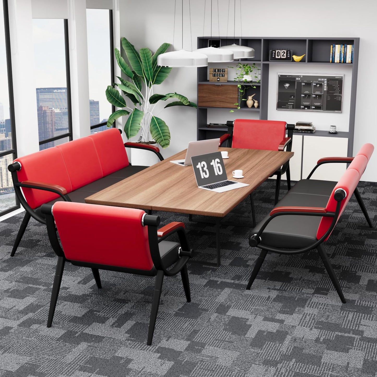 wonline Waiting Room Bench, Office Furniture Reception Chairs with Arms, Leather Chairs is Suitable for Clinic,Airport,Hospital,Barber,Salon,Bank-(Red&Black,3 Seat)