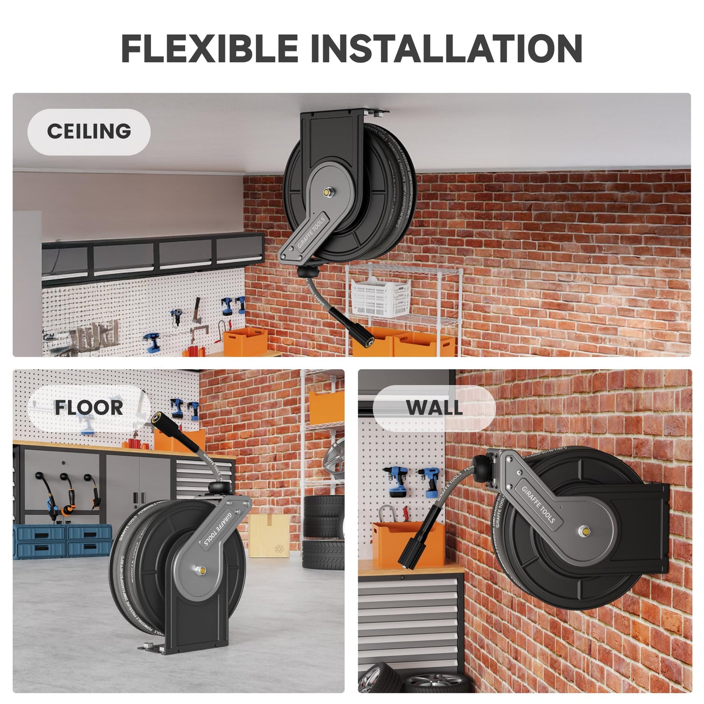 Giraffe Tools Pressure Washer Hose Reel, 1/4" × 60ft Auto Rewind Hose Reel, Wall/Floor Mounted with Adjustable Guide Arm, 4000 PSI