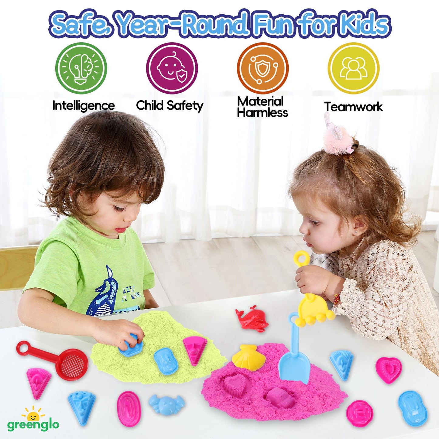 greenglo Kids Sensory Magic Sand Playset - 1.10 Lbs Color Sand Kit, 16 Pcs Molds (Cake/Dessert, car, sea Animal) & Tools, Ideal Sensory Bin for Boys & Girls Ages 3-8