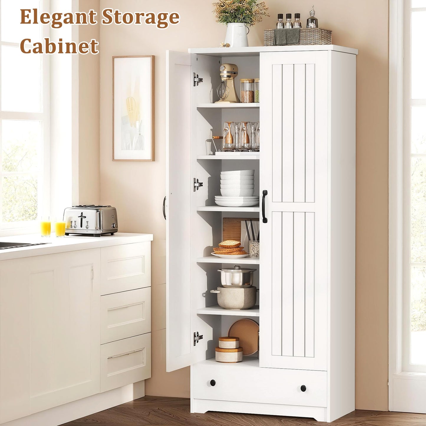 Decofy 70" Tall Storage Cabinets, Large Wood Storage Pantry Cabinet with 6 Adjustable Shelves, Drawer & 2 Striped Doors, Standing Utility Cabinet for Kitchen, Dining Room, Bathroom (White)