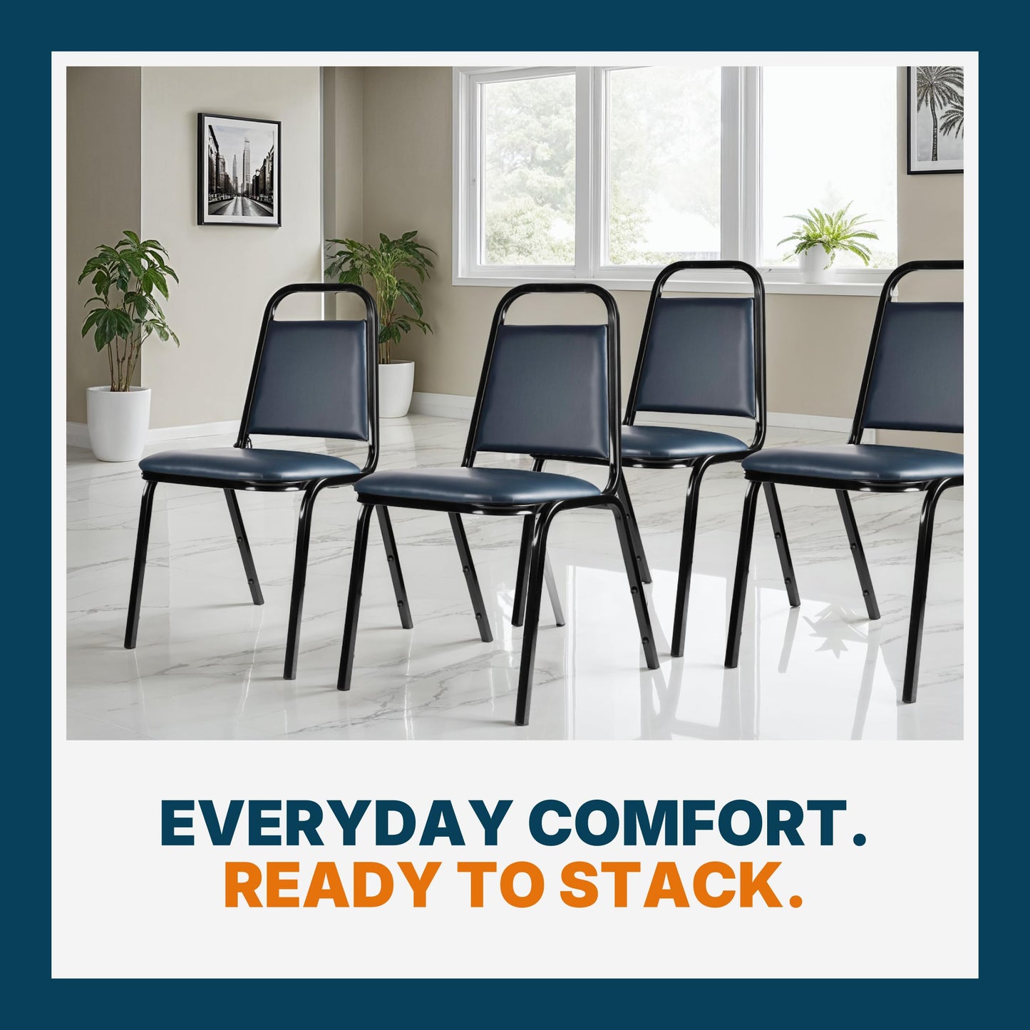 OEF Furnishings OEF9100 Series Banquet Chairs Premium Commercial Seating (4 Pack, Vinyl, Midnight Blue, Black Frame)