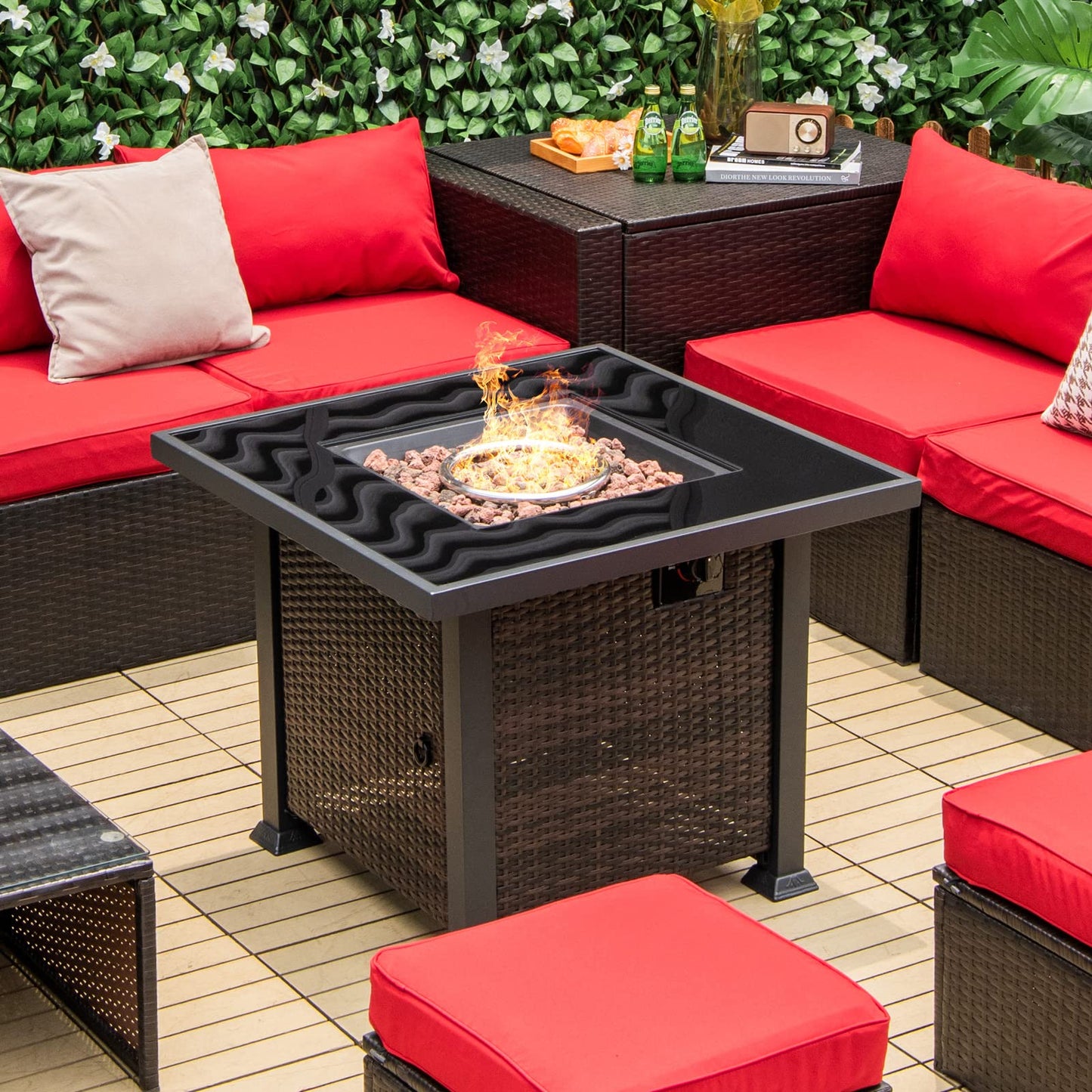 Tangkula 50,000 BTU Propane Fire Pit Table, Patiojoy 32 Inch Wicker Gas Fire Pit with Removable Lid and Lava Stone, Outdoor Square Rattan Fire Table with PVC Cover, Mix Brown