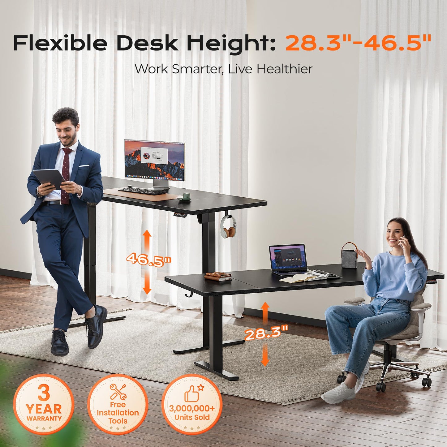 Huuger 71 x 30 Large Electric Standing Desk, Height Adjustable Computer Desk, 29.5" Deep Desktop, Stand up Gaming Office Table with 2 Hooks, 3 Preset Heights, for Home Office, Black