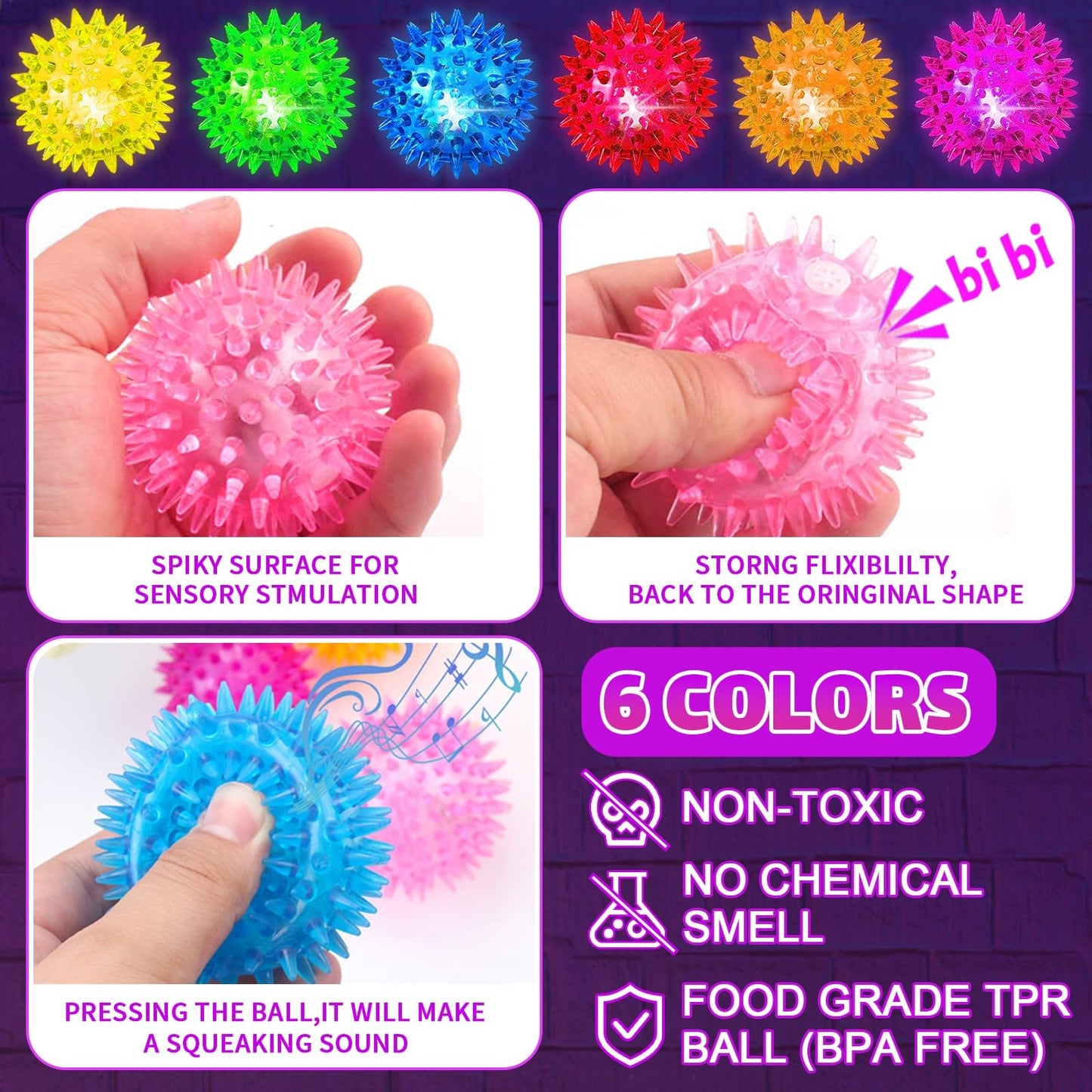 Sensory Light Up Bouncy Balls - Sensory Toys for Kids with Autism Toys for 3-4 5-7 8-12 Gifts for Boys Girls Spiky Stress Balls Novelty Noisemaker Toys Easter Basket Stuffers