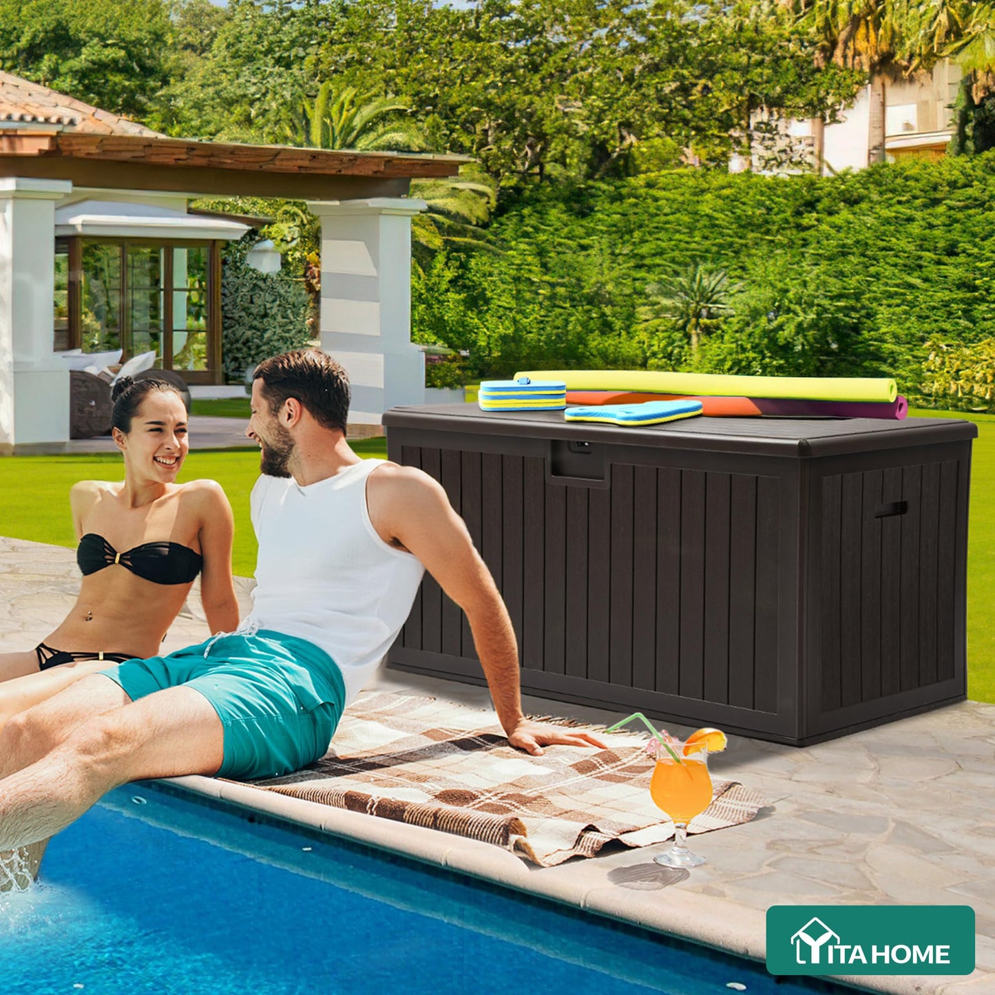 YITAHOME 150 Gallon Double-Wall Deck Box with Side Handles, Outdoor Large Storage for Patio Furniture Cushions, Garden Pool Accessories, Water Resistant & Lockable