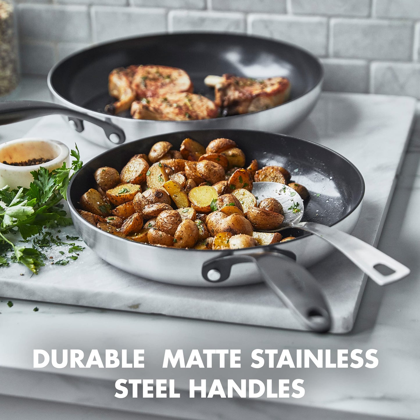GreenPan Venice Pro Noir Tri-Ply Stainless Steel Healthy Ceramic Nonstick 13 Piece Cookware Pots and Pans Set, Matte Black Handle, PFAS-Free, Multi Clad, Induction, Dishwasher Safe, Oven Safe, Silver