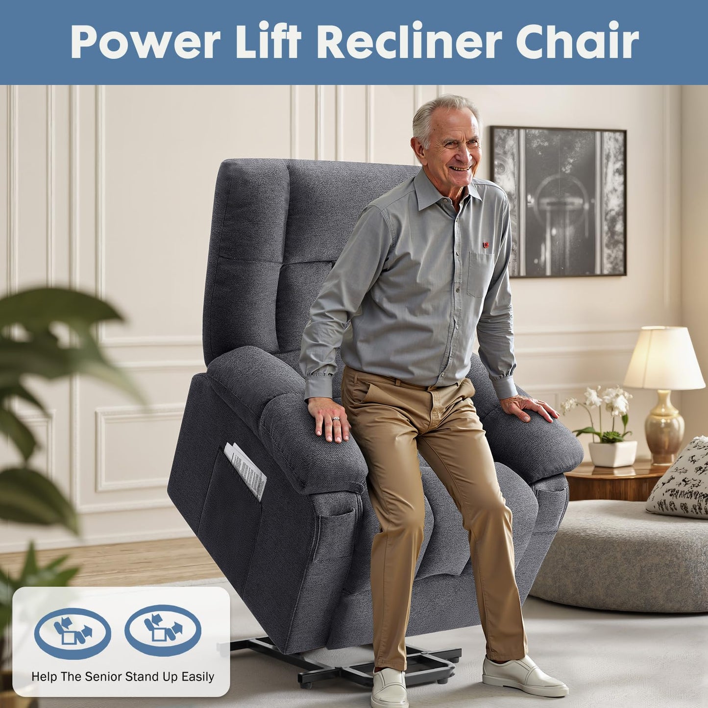 DUMOS Power Lift Recliner Chair with Vibration Massage and Heat for Elderly, Ergonomic Overstuffed Breathable Fabric Reclining Chair with 3 Pockets, Remote Control, Living Room, Bedroom, Grey