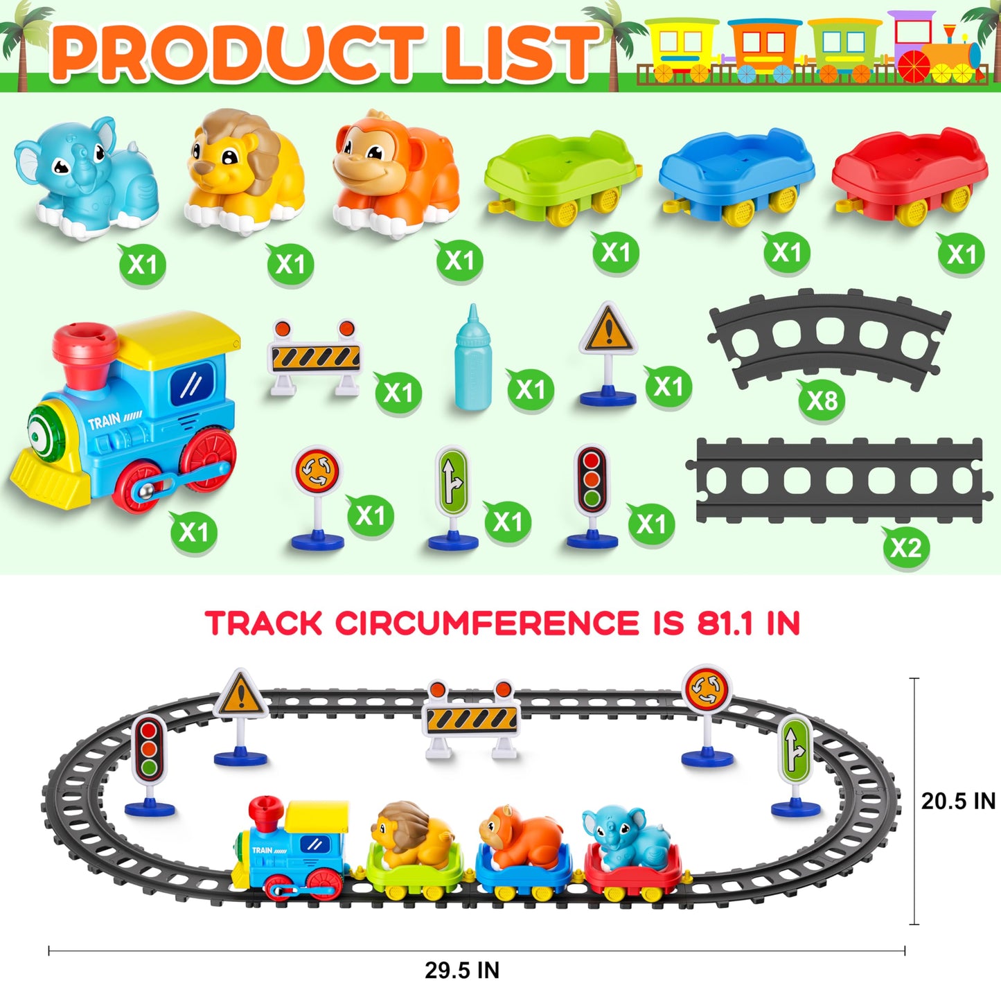 Train Set for Toddlers w/Steam, Music & Lights - Electric Train Toy for Kids with Tracks Accessories, Includes 3 Animals Car: Lion Gorilla and Elephant, Gifts for 1-3 4 5 6+ Years Old Boys Girls