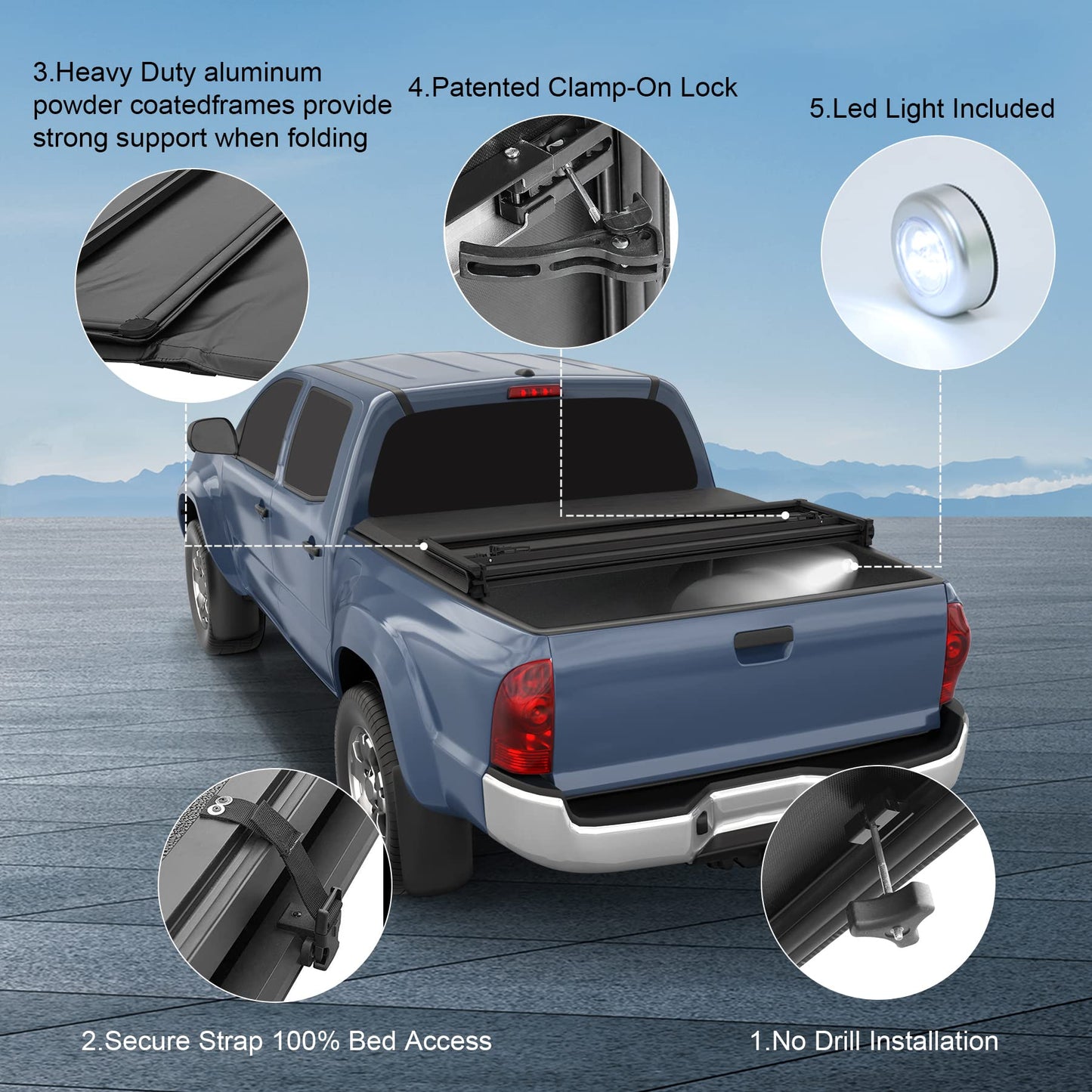 CARMOCAR Soft Tri-Fold Truck Bed Tonneau Cover for 2016-2025 Replacement for Toyota Tacoma Bed Cover 5ft,Truck Accessories with Led Light