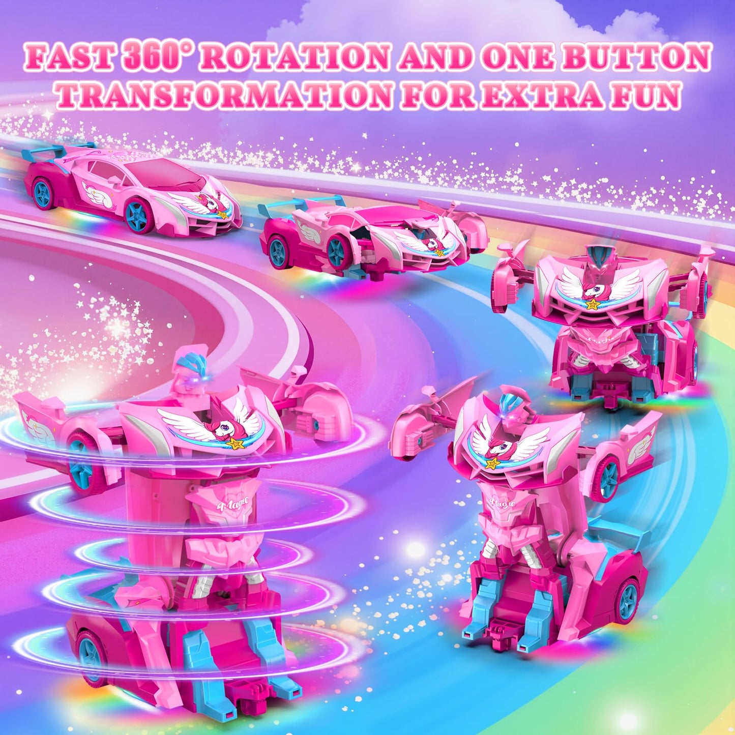 Unicorn Transform RC Cars for Girls Toys with Rainbow Eyes & Underbody Lights, Fast 360°Rotation&2.4GHz Robot Remote Control Car One-Button Deformation,Kids Toys Birthday Gifts for 3-12 Year Old Girls