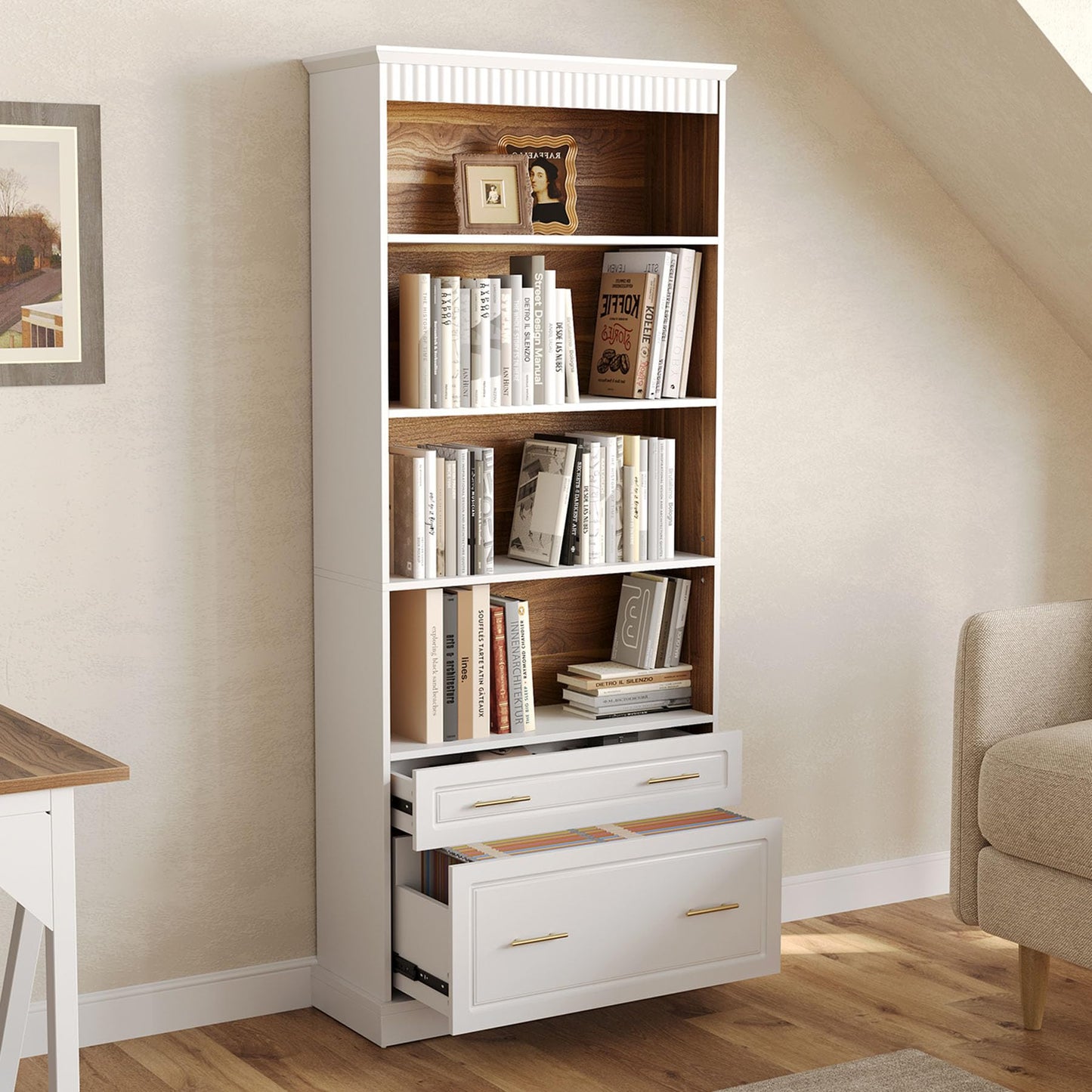 LITTLE TREE 72-Inch Tall White Bookcase, 5-Tier Wooden Open Display Bookshelf with 2 Drawers fits Letter, Legal, A4 Size, Modern Floor Standing Storage Organizer for Home Office & Living Room,Bedroom
