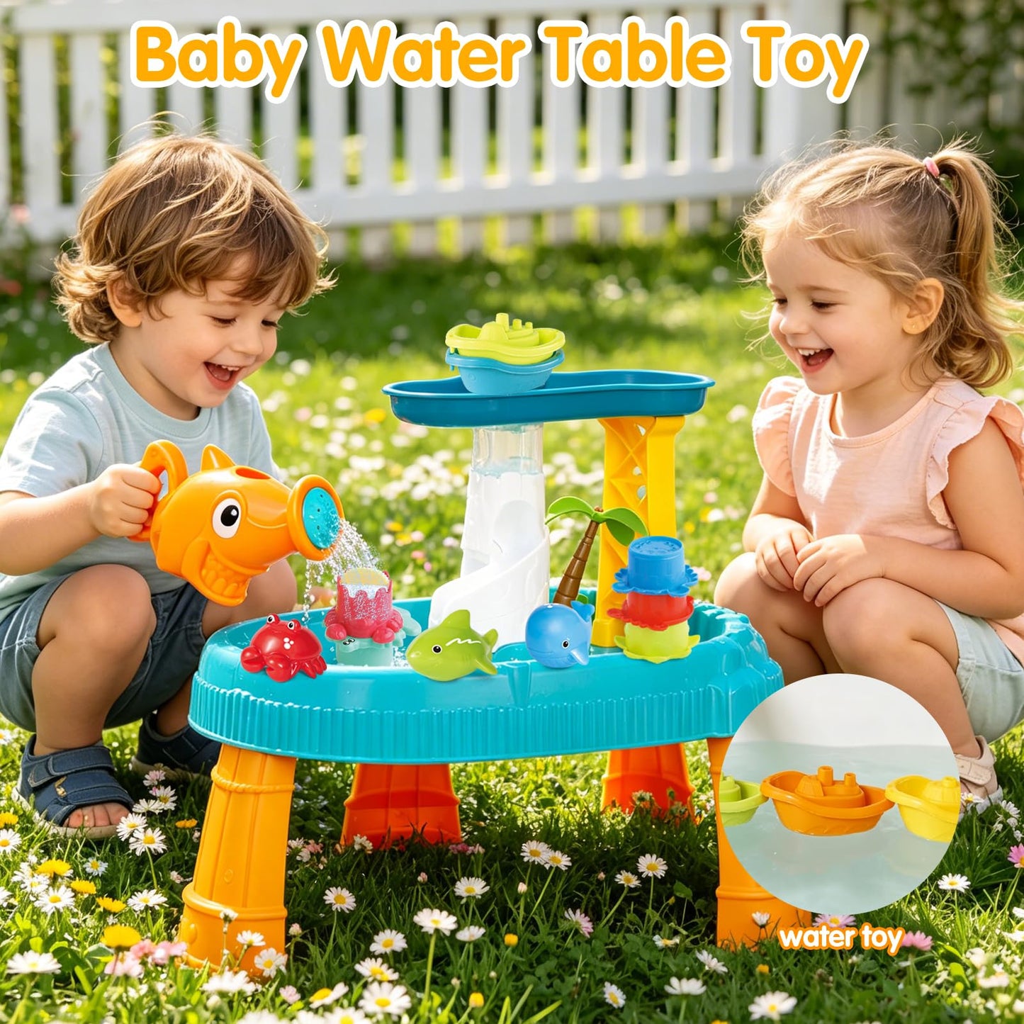 Water Table Toys for Toddlers 1-3, 16PCS Bath Toys for Babies 6-12 Months wtih Floating Boats, Stacking Cups, Shark Water Can & Marine Animal Silicone Toys, Pool Beach Idea Gift for Boys Girls