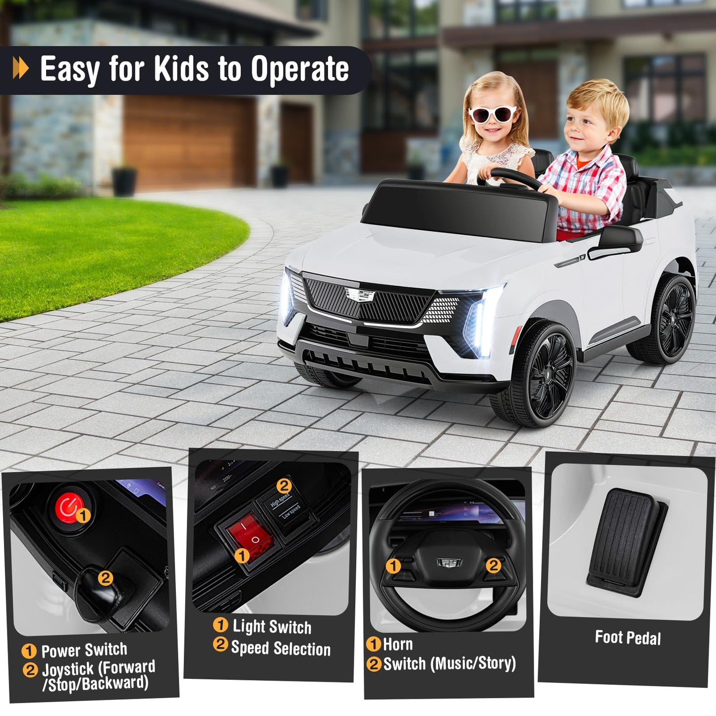 Costzon 2 Seater Ride on Truck, 24V Licensed Cadillac Kids Car Electric Vehicles w/Remote Control, 3 Speeds, LED Lights, Horn, Music, Story & 4-Wheel Spring Suspension, Ride on Car Toy for 3+ (White)