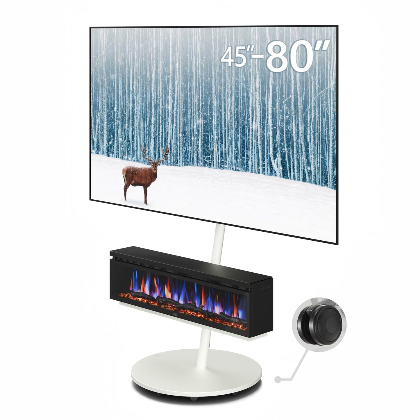 WALL SEVEN STAND A2 Grand Mobile TV Stand with FLAMEBAR Electric Fireplace & Shelf | Fits 45–80" TVs | Satin White | 1500 Flame Color Combinations | WiFi Enabled, 750/1500W Heater, Space-Saving Design