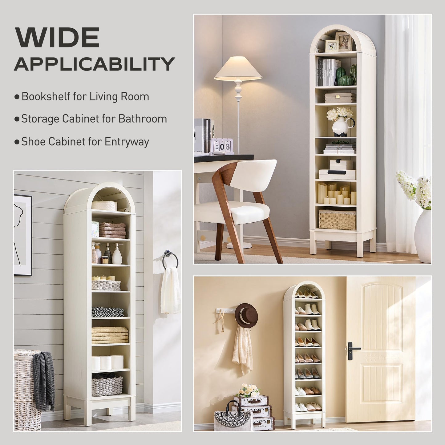 IFGET 71" Tall Arched Bookshelf, 8 Tiers Arch Bookcase with Storage, Modern Farmhouse Book Shelf with Adjustable Shelves, Wood Bookshelf w/Open Display Shelves for Living Room, Office (Antique White)