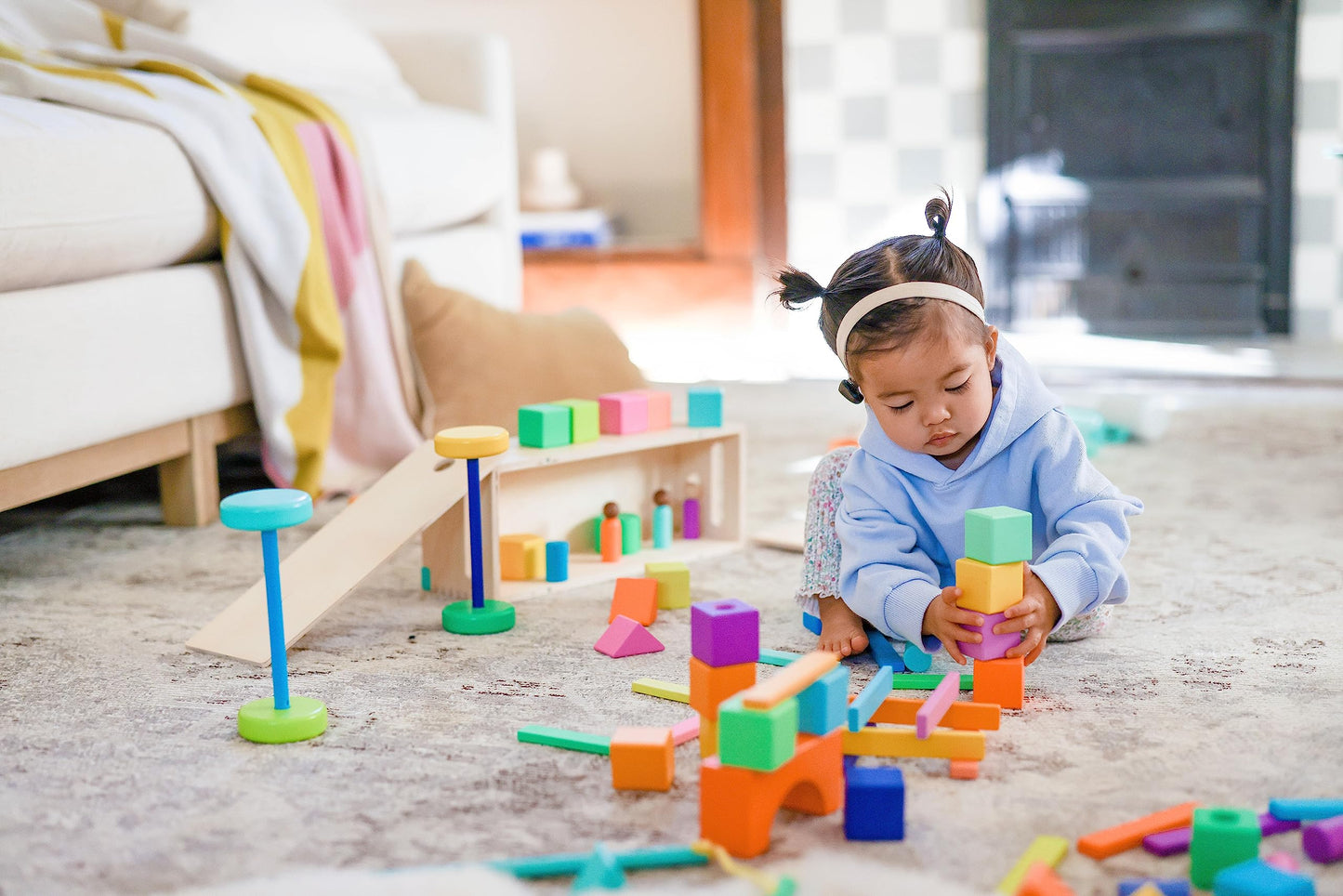 Lovevery | The Block Set | Solid Wood Building Blocks and Shapes + Wooden Storage Box, 70 Pieces & The Music Set | 6 Instruments and Rhythm & Songs Book, Toddler and Kids Music Toys