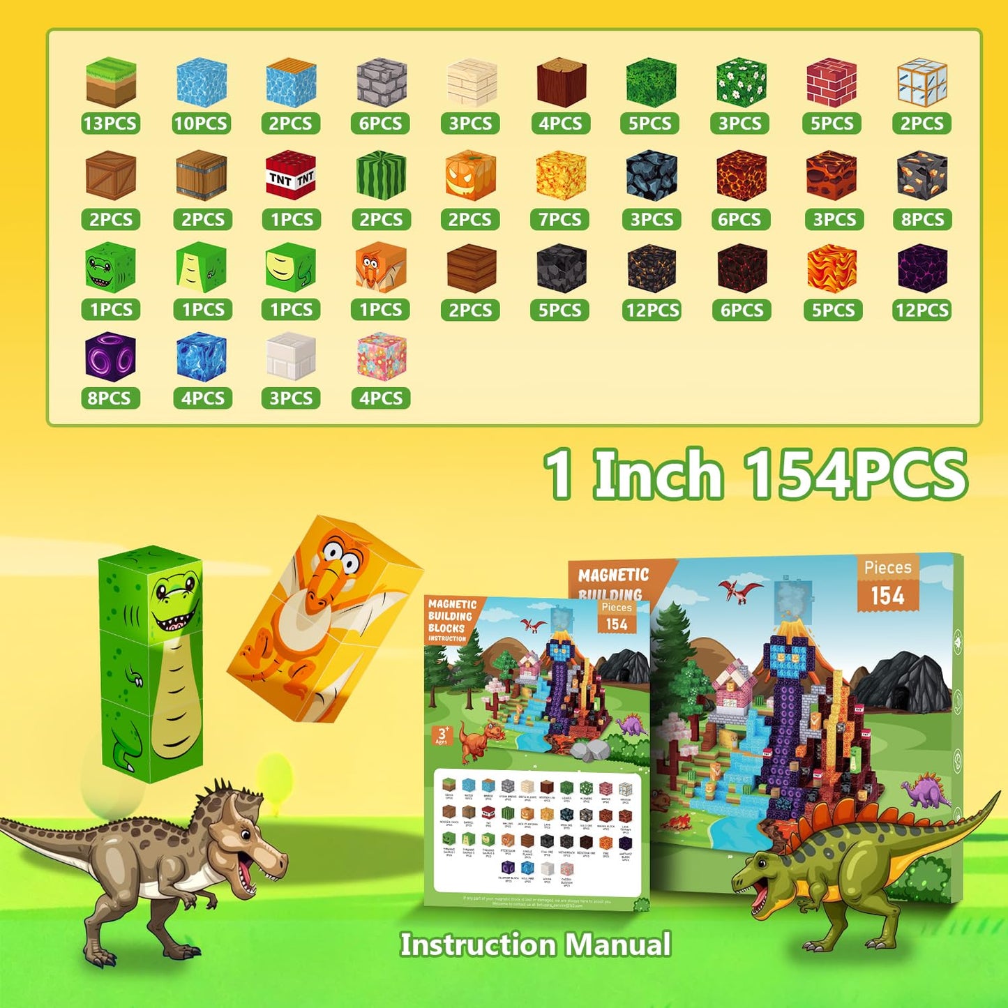 Belveora Magnetic Building Blocks - 154 PCS Large 1 Inch Magnet Cubes, STEM Construction Set for Kids Ages 3 4 5 6 7 8 9 10, Sensory Montessori Toys for Boys & Girls Easter/Christmas/Birthday Gift