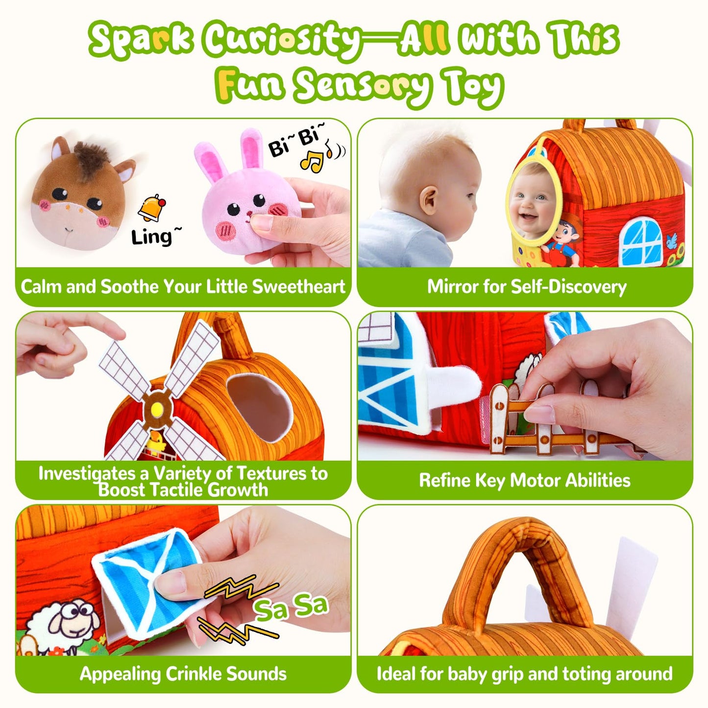 Baby Toys 6-12 Months, Barn Farm Soft Stuffed Animal Set with Windmill Fence Rattle Crinkle Paper, Sensory Toys for Babies Toddlers Montessori Toys for 6 9 Months Old Boy Girl